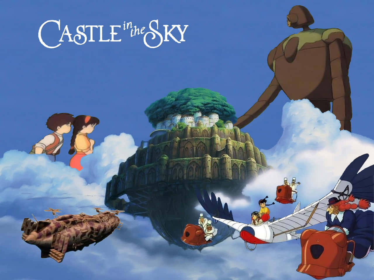 Laputa Castle In The Sky 桌布 壁紙 — 兩個孩子凝視著一座漂浮在樹木覆蓋島嶼上的城堡，一個巨型機器人聳立在雲端之上，飛行機器在下方翱翔。