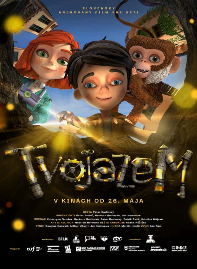 Disney 3d Movies 桌布 壁紙 — 兩個孩子和一隻猴子從樹枝間探出頭來，手持發光工具，映襯著暮色天空。