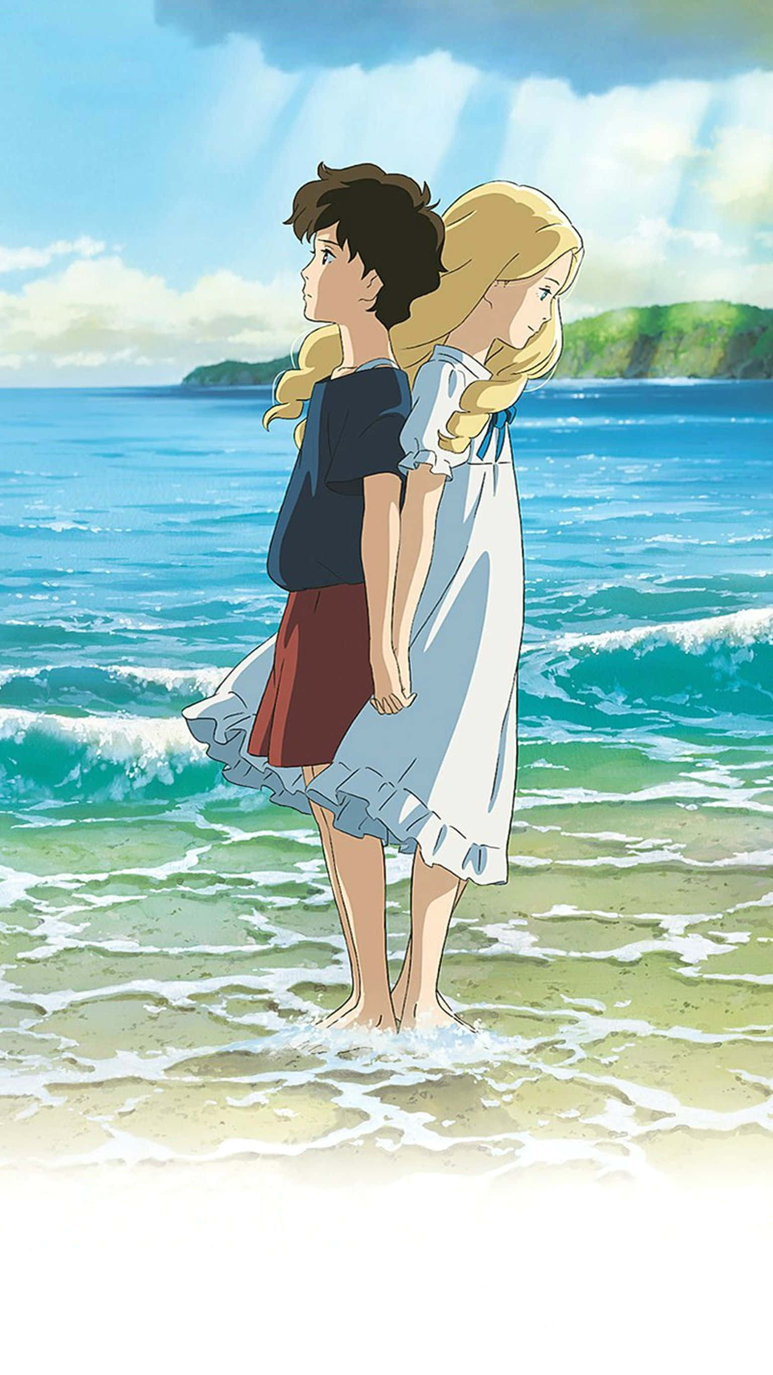 when marnie was there 桌布 壁紙 — 兩個孩子在淺海波浪中背對背站立，頭上是明亮的藍天，陽光穿透雲層灑下。