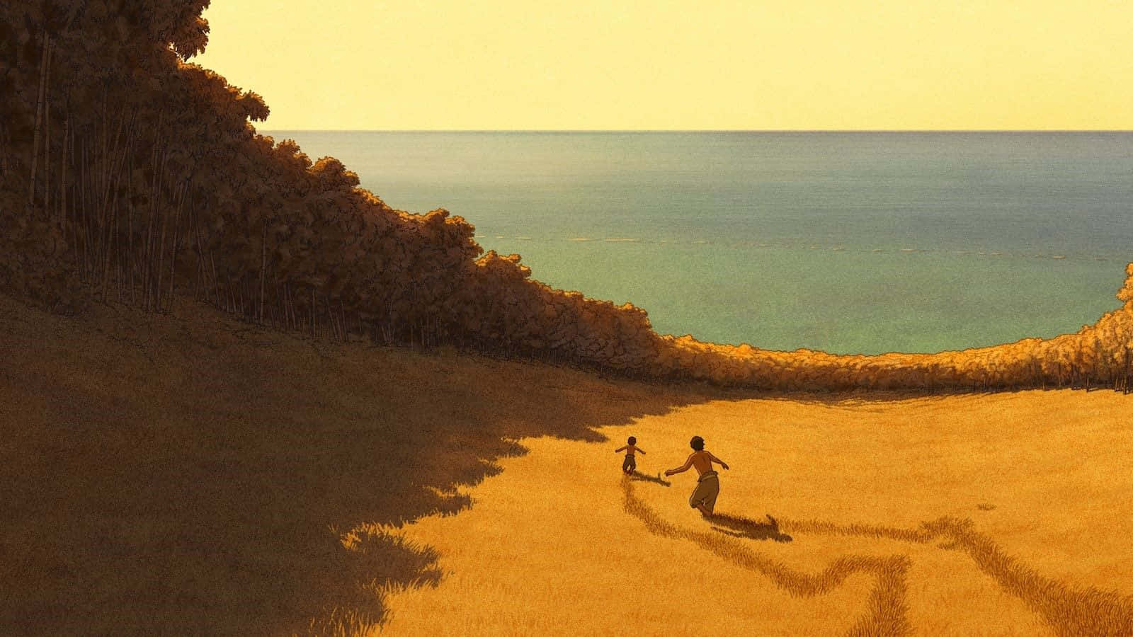 The Red Turtle 桌布 壁紙 — 兩個孩子在溫暖的日落天空下，快樂地跑過金色的草叢懸崖，朝向平靜的碧綠海洋。