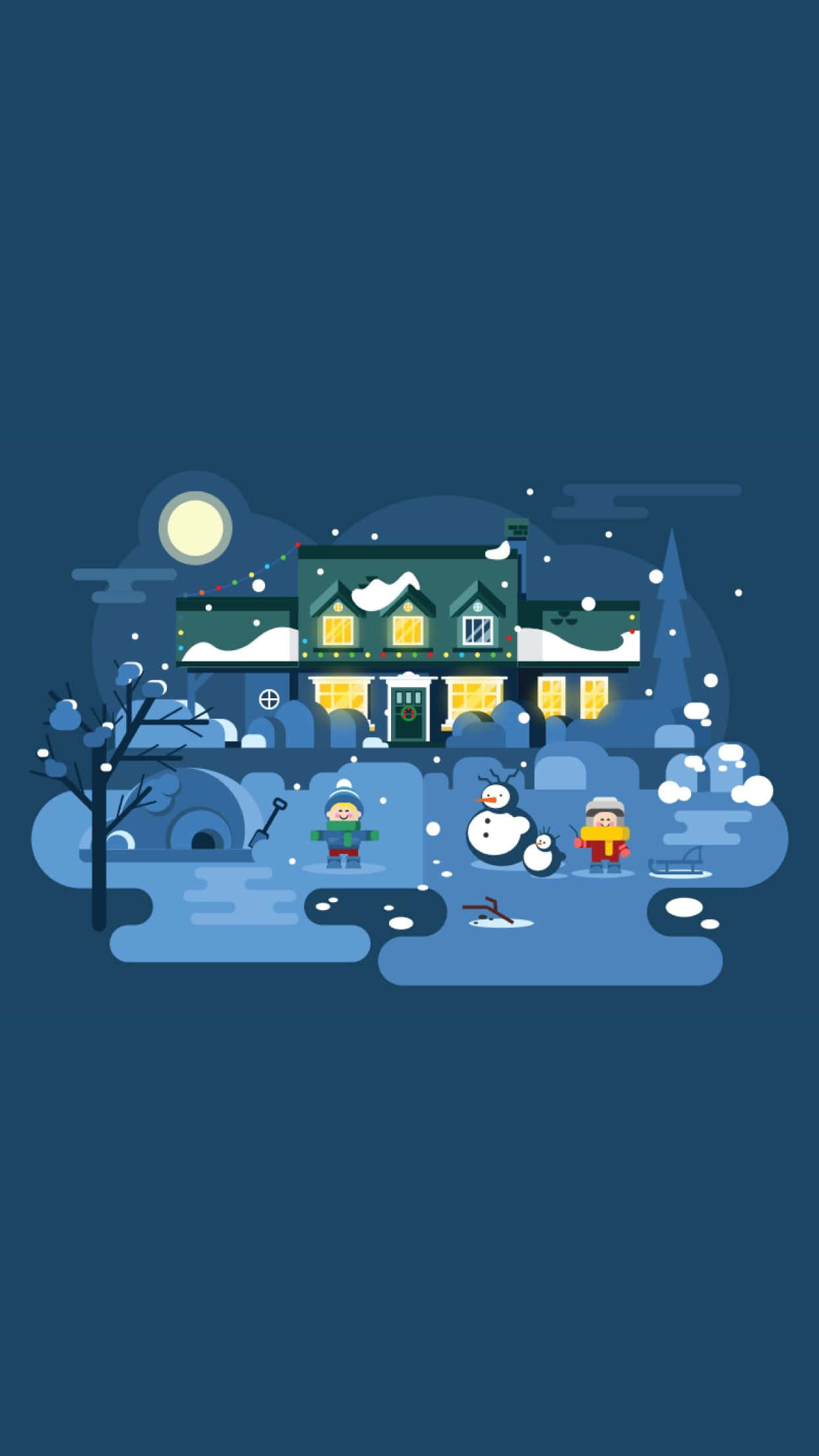 Minimalist Phone 桌布 壁紙 — 兩個孩子在滿月下，於一間舒適的雪覆蓋房屋附近堆雪人，這是一個平面插圖風格的冬季場景。