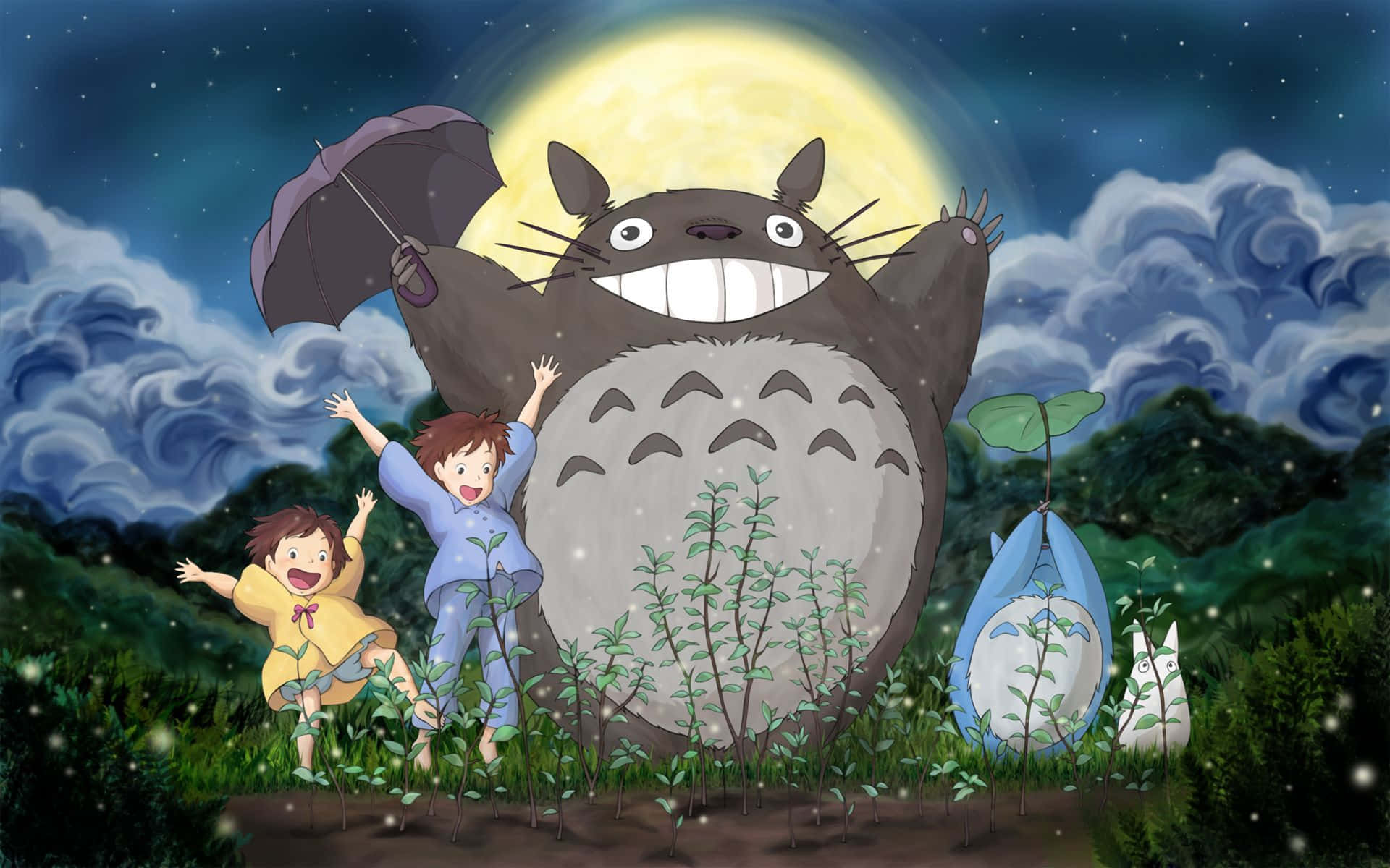 Hayao Miyazaki Movies 桌布 壁紙 — 兩個孩子在發光的月光天空下，在一個巨大的微笑龍貓下快樂地跳舞。