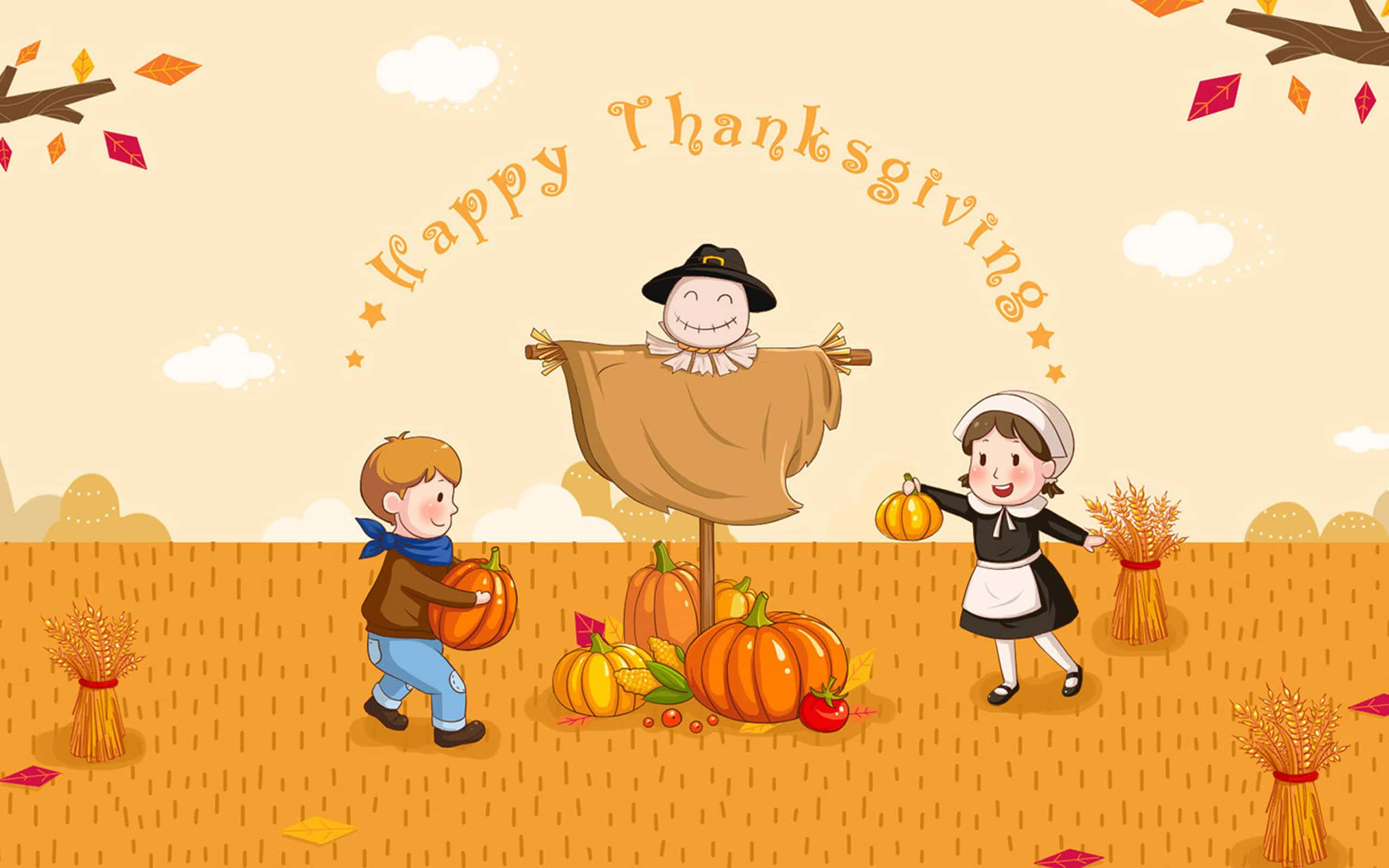 Happy Thanksgiving 桌布 壁紙 — 兩個孩子在秋天的「感恩節快樂」拱門下，在微笑的稻草人旁邊快樂地收割南瓜。