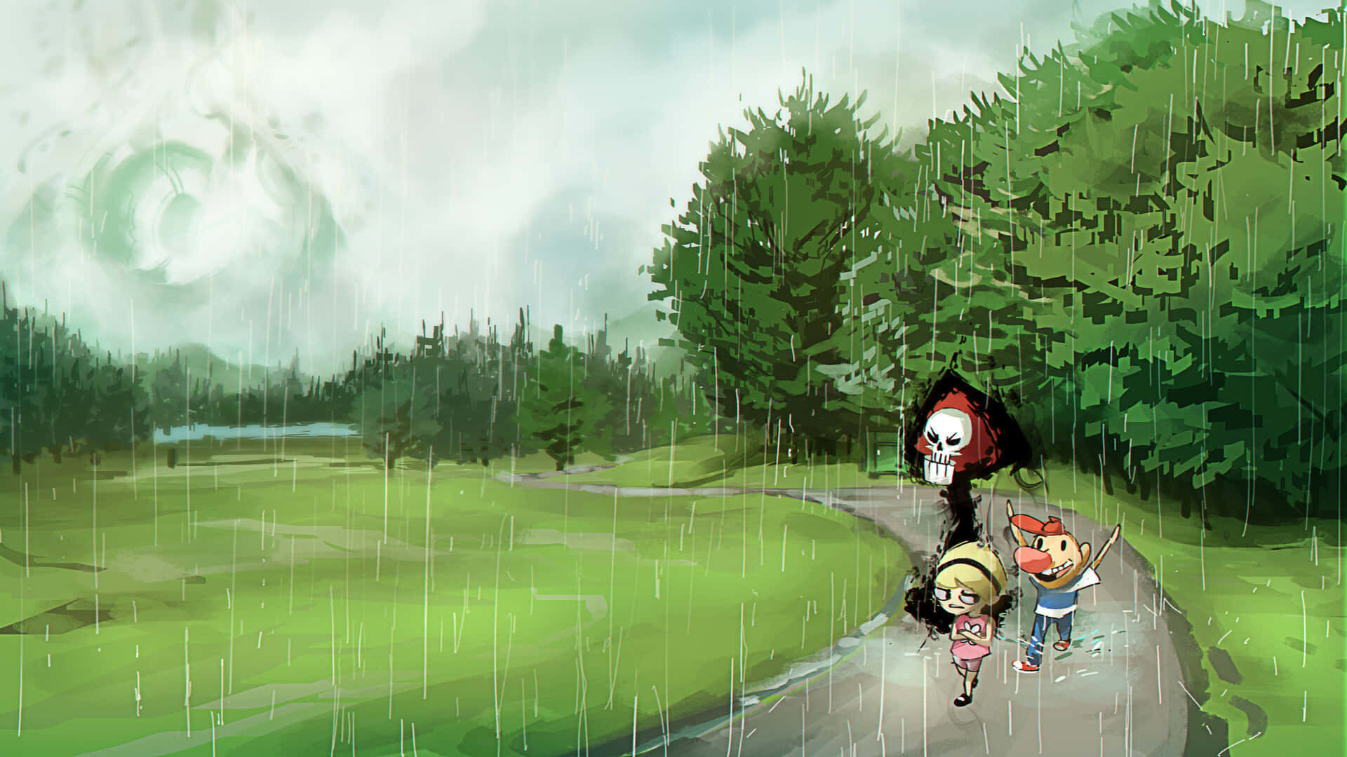 the grim adventures of billy and mandy 桌布 壁紙 — 兩個孩子在茂密的綠色森林中，在一個巨大的骷髏傘下快樂地奔跑在雨中。