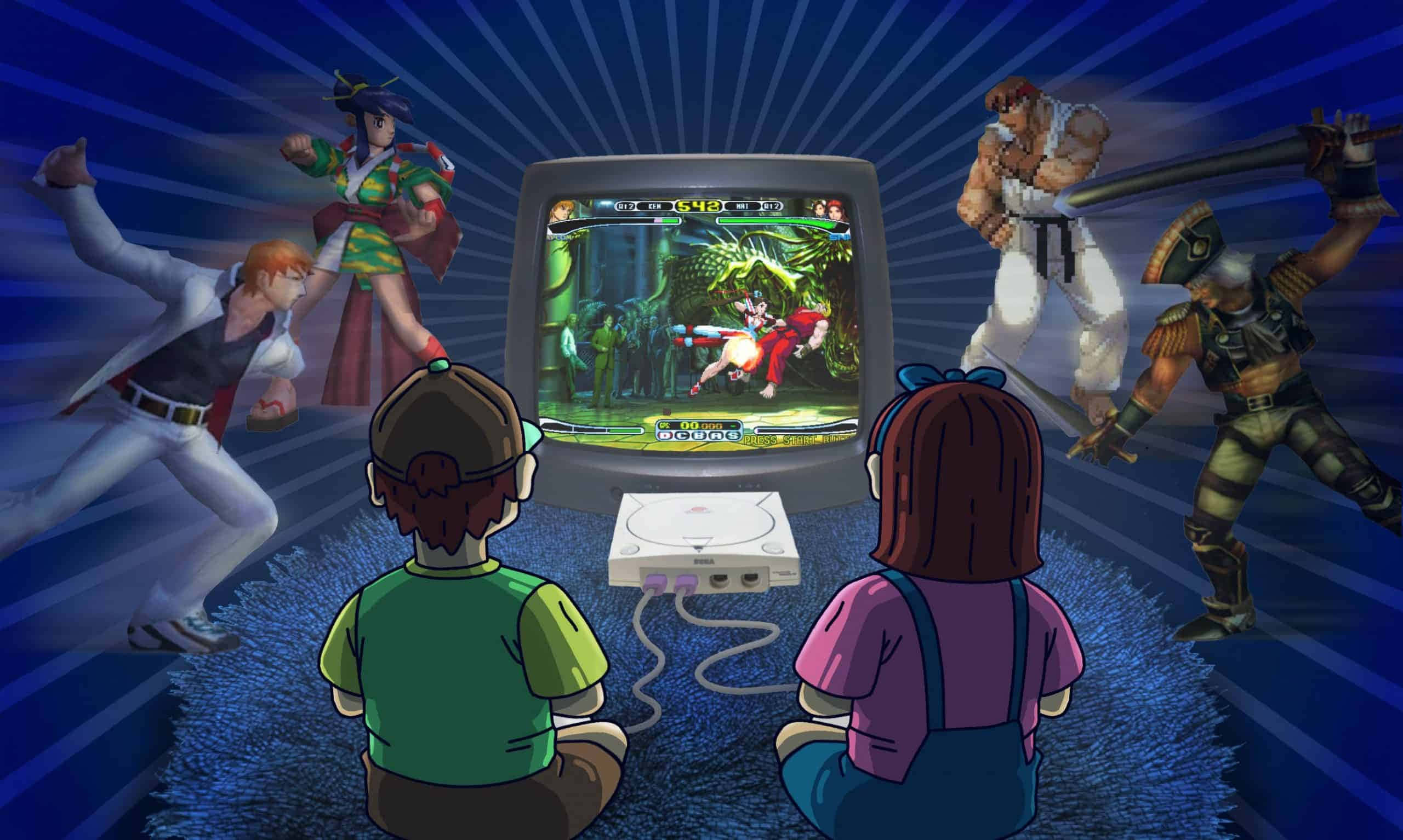 Fighting Games 桌布 壁紙 — 兩個孩子坐在藍色地毯上觀看復古遊戲機，動漫風格的戰士從電視屏幕中衝出，形成一個動態的90年代遊戲場景。