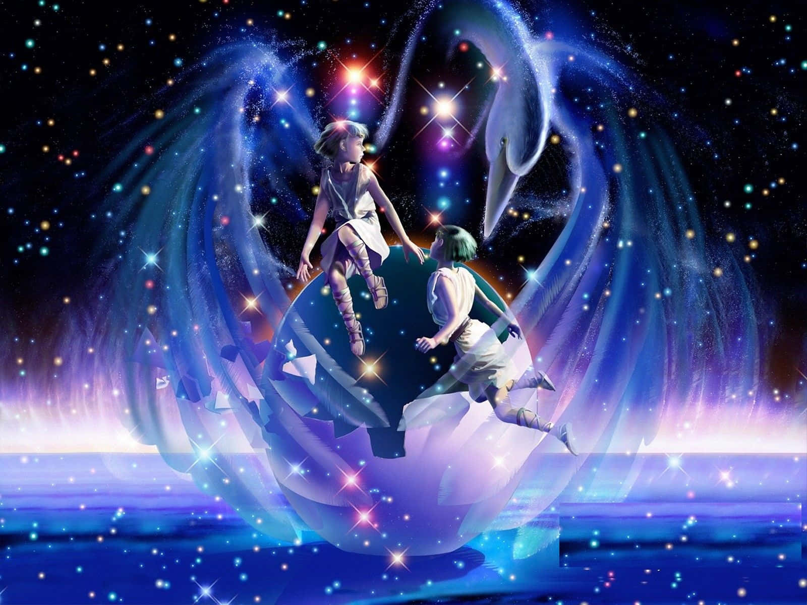 山羊座 桌布 壁紙 — 兩個孩子漂浮在一個發光的宇宙球體上，周圍環繞著旋轉的星軌和一隻雄偉的天鵝，在夢幻般的夜空中。