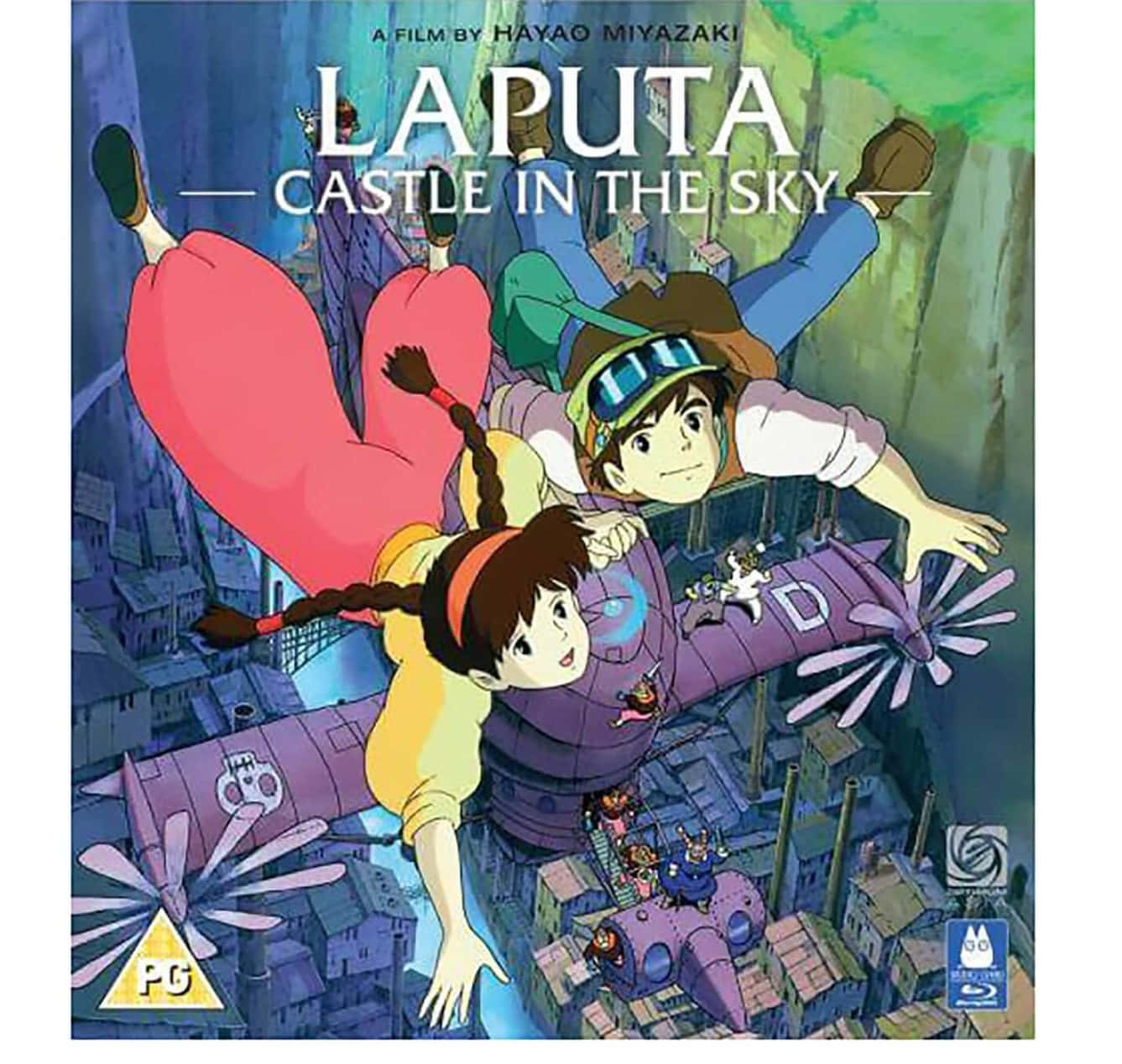 Castle In The Sky 桌布 壁紙 — 兩個孩子緊緊抓住一架飛翔的紫色飛機，翱翔在廣闊的未來城市景觀之上。