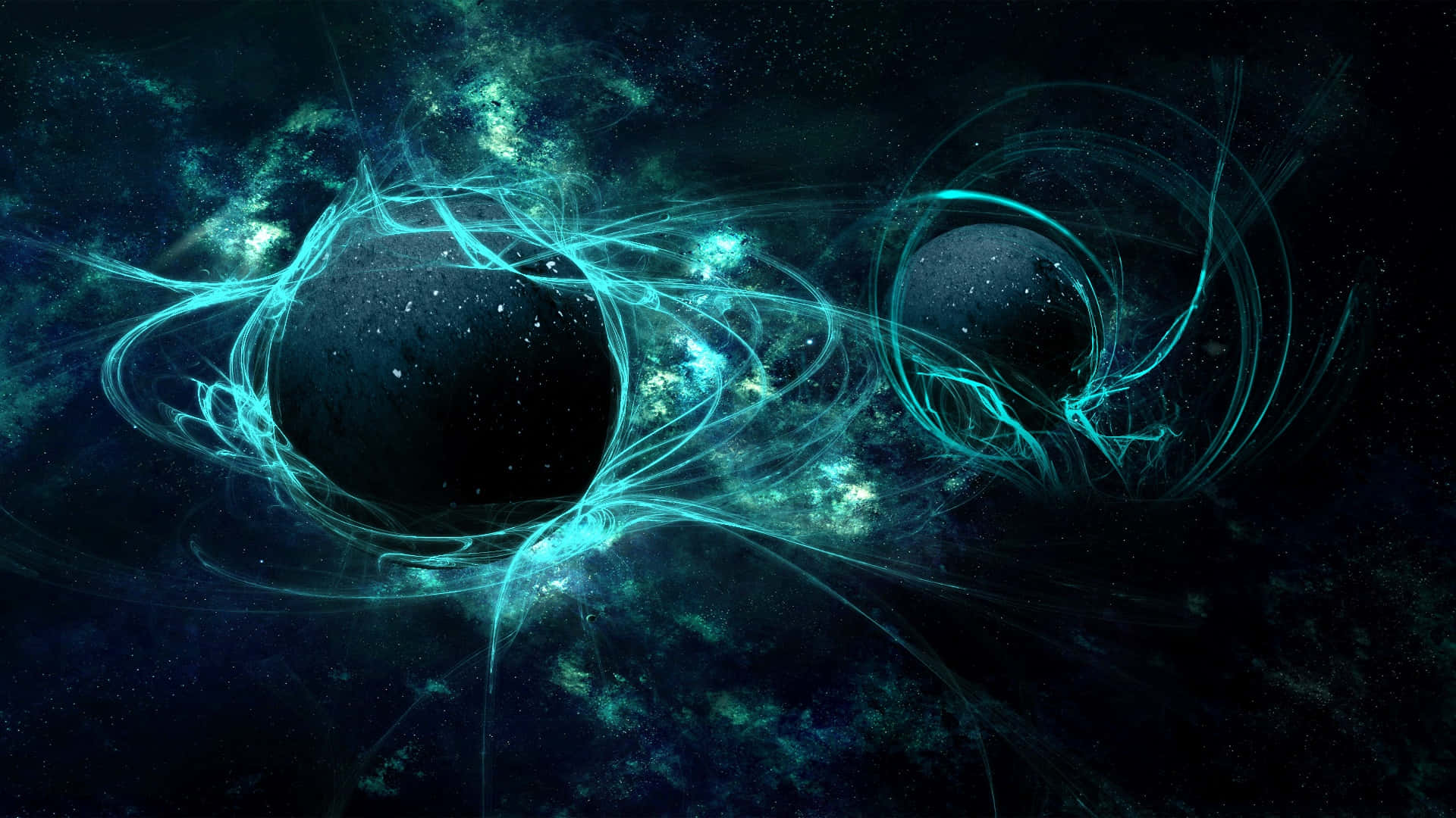 Beautiful Space 桌布 壁紙 — 兩個宇宙球體在繁星點點的黑暗太空背景下，散發著發光的青綠色能量旋轉。
