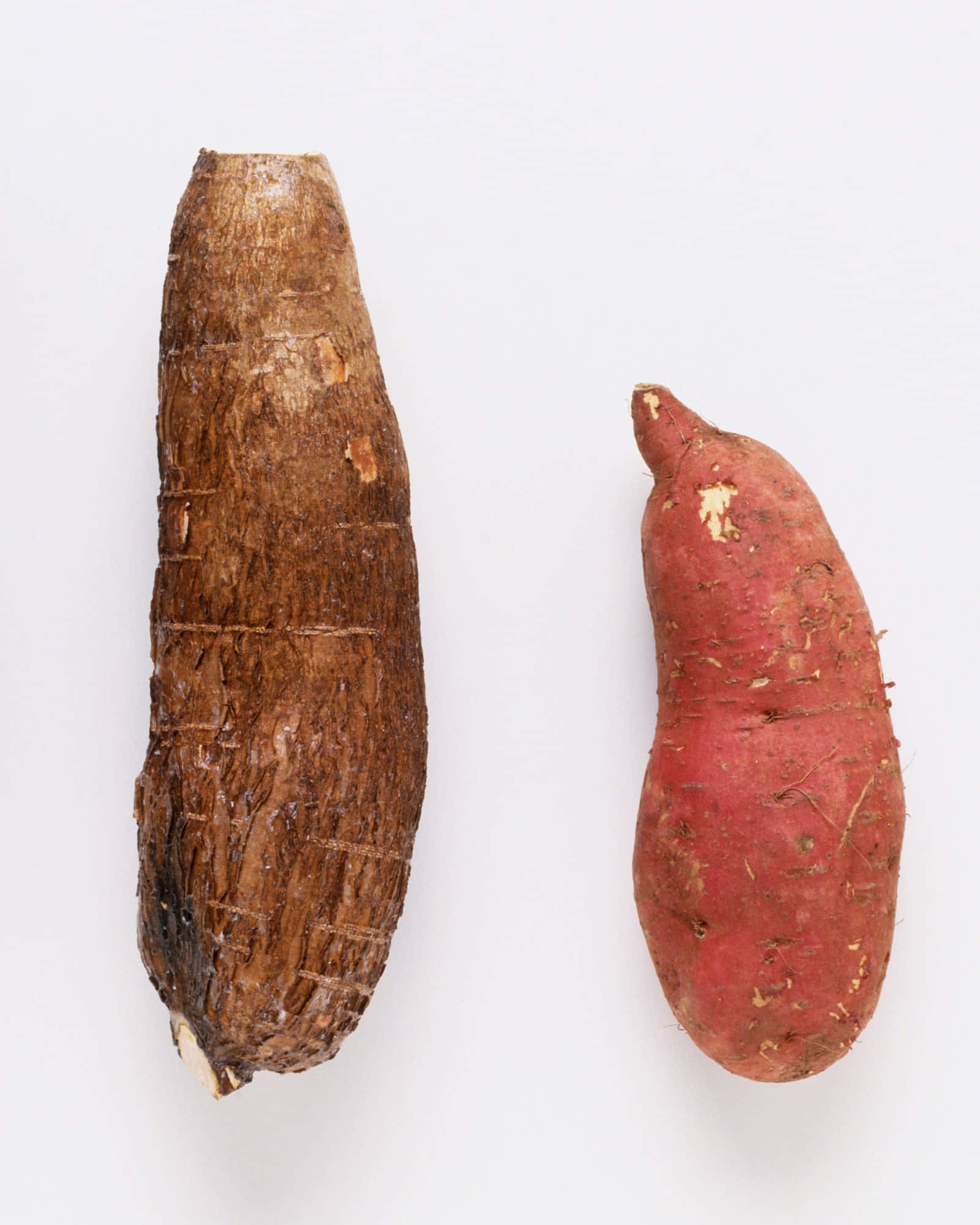 Yellow Sweet Potato 桌布 壁紙 — 兩個完整的根莖類蔬菜，一個棕色紋理的山藥和一個微紅的番薯，並排放在純白色背景上。