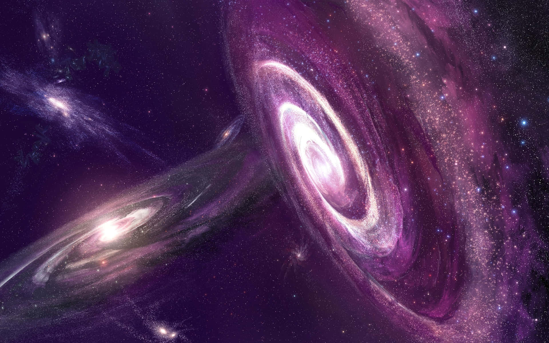 Purple Galaxy 桌布 壁紙 — 兩個宏偉的螺旋星系在深紫色和粉紅色的宇宙塵埃中旋轉，背景是星場。