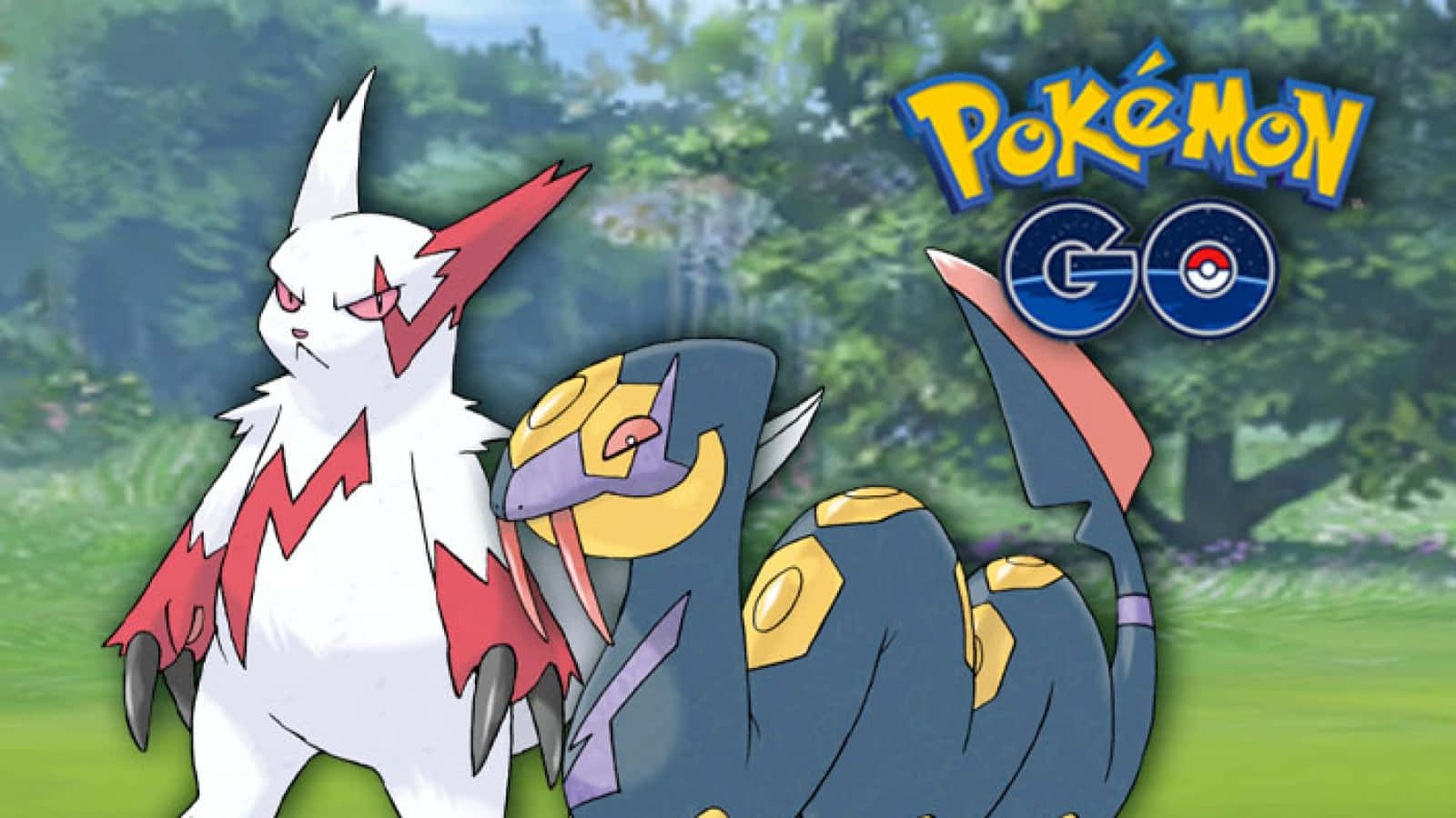 Pokemon Rivalries 桌布 壁紙 — 兩個寶可夢角色站在茂密的綠色森林中，天空中有Pokémon GO標誌。