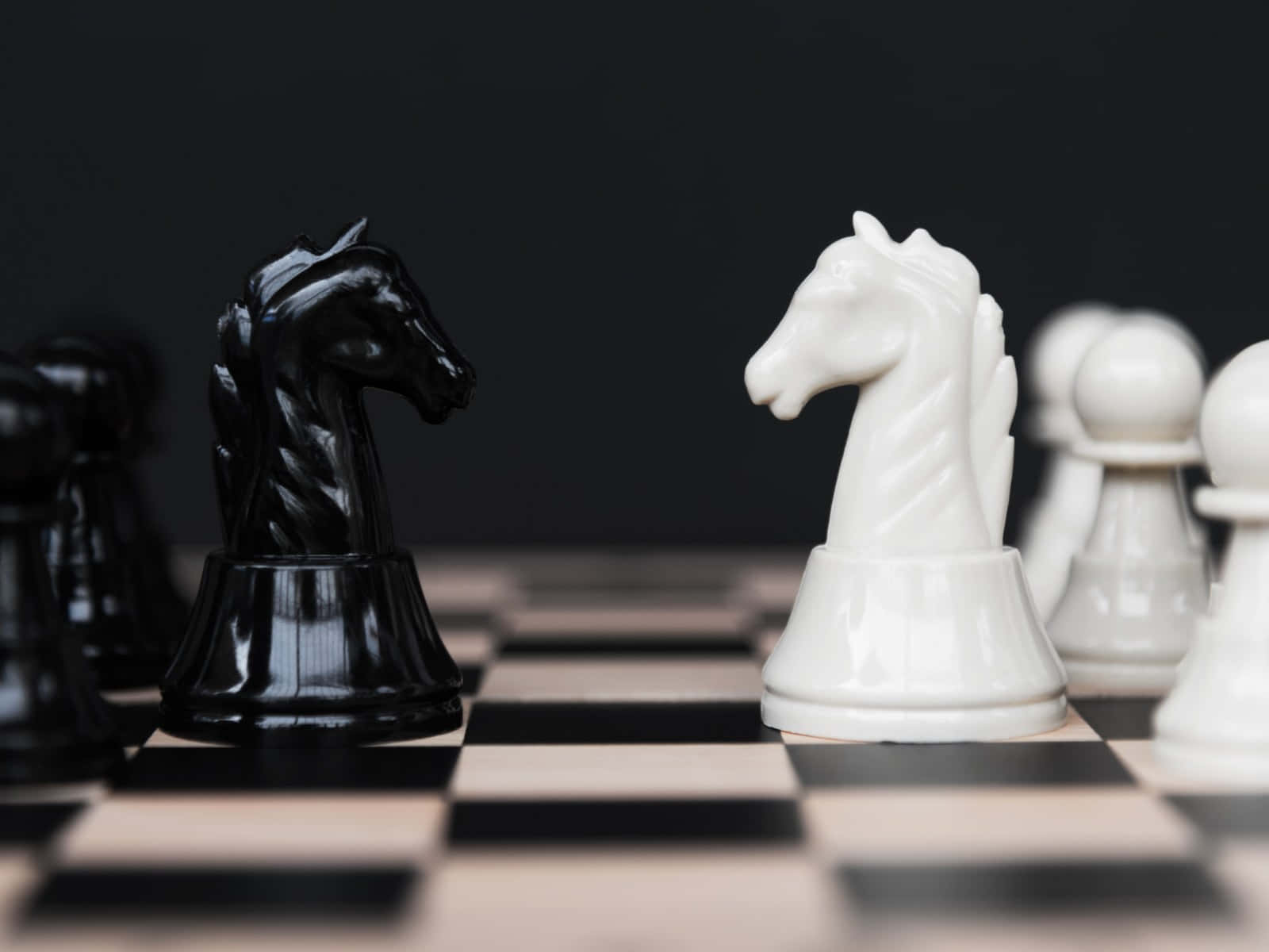 Chessboard 桌布 壁紙 — 兩個對立的國際象棋騎士在深色背景的棋盤上互相面對。