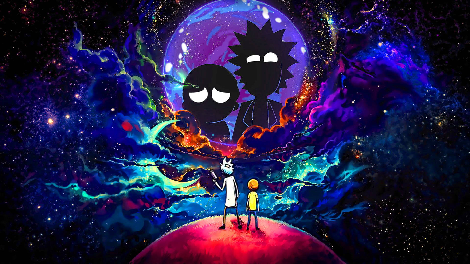 瑞克和莫蒂 桌布 壁紙 — 兩個小人企喺紅色星球上，仰望住巨大剪影角色，背景係旋轉嘅宇宙星雲。
