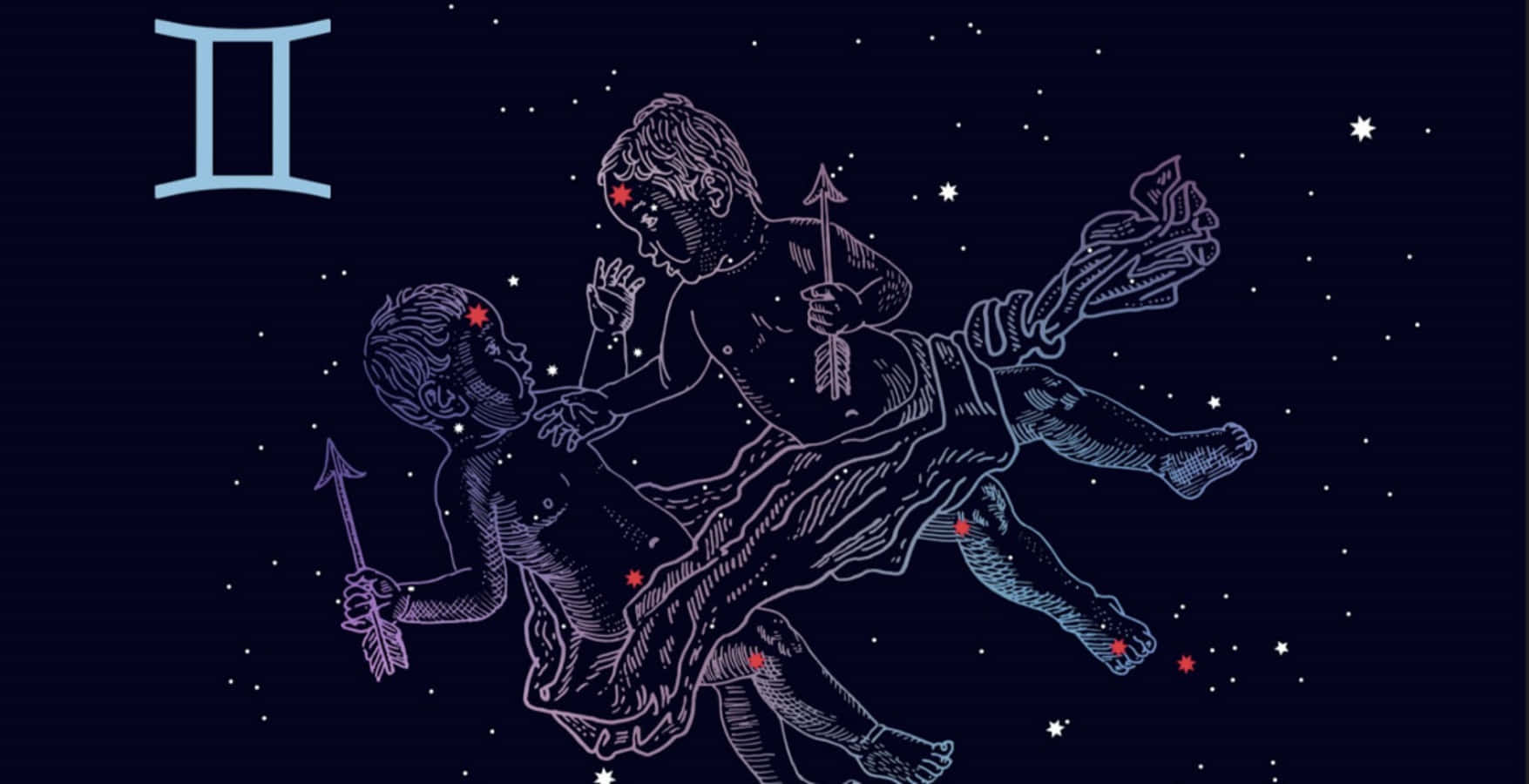 雙子座 桌布 壁紙 — 兩個小天使形象在星空夜空中以發光紫色勾勒，帶有紅色星星點綴和星座符號。