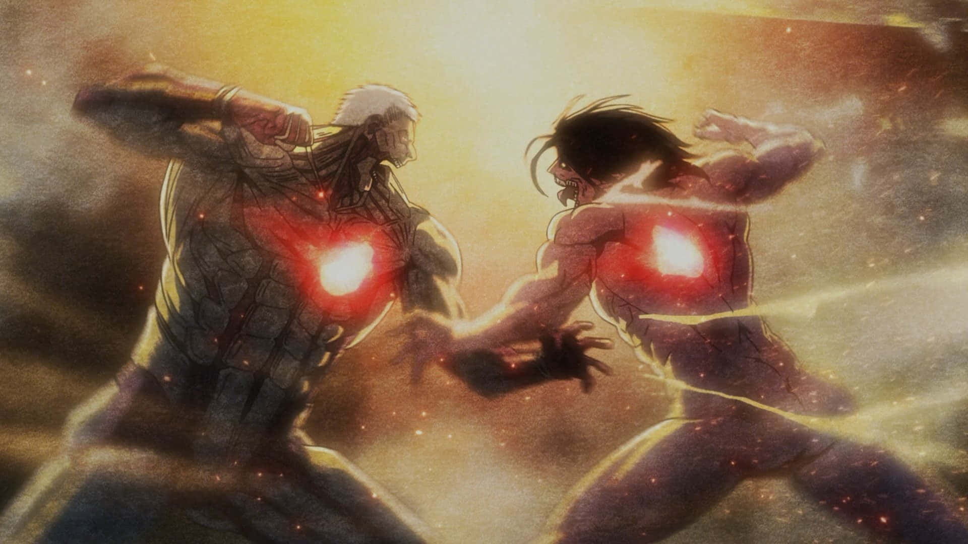 Attack On Titan Season 2 桌布 壁紙 — 兩個巨大的人形泰坦在熾熱的金色光芒中碰撞，胸口有發光的紅色核心在跳動。