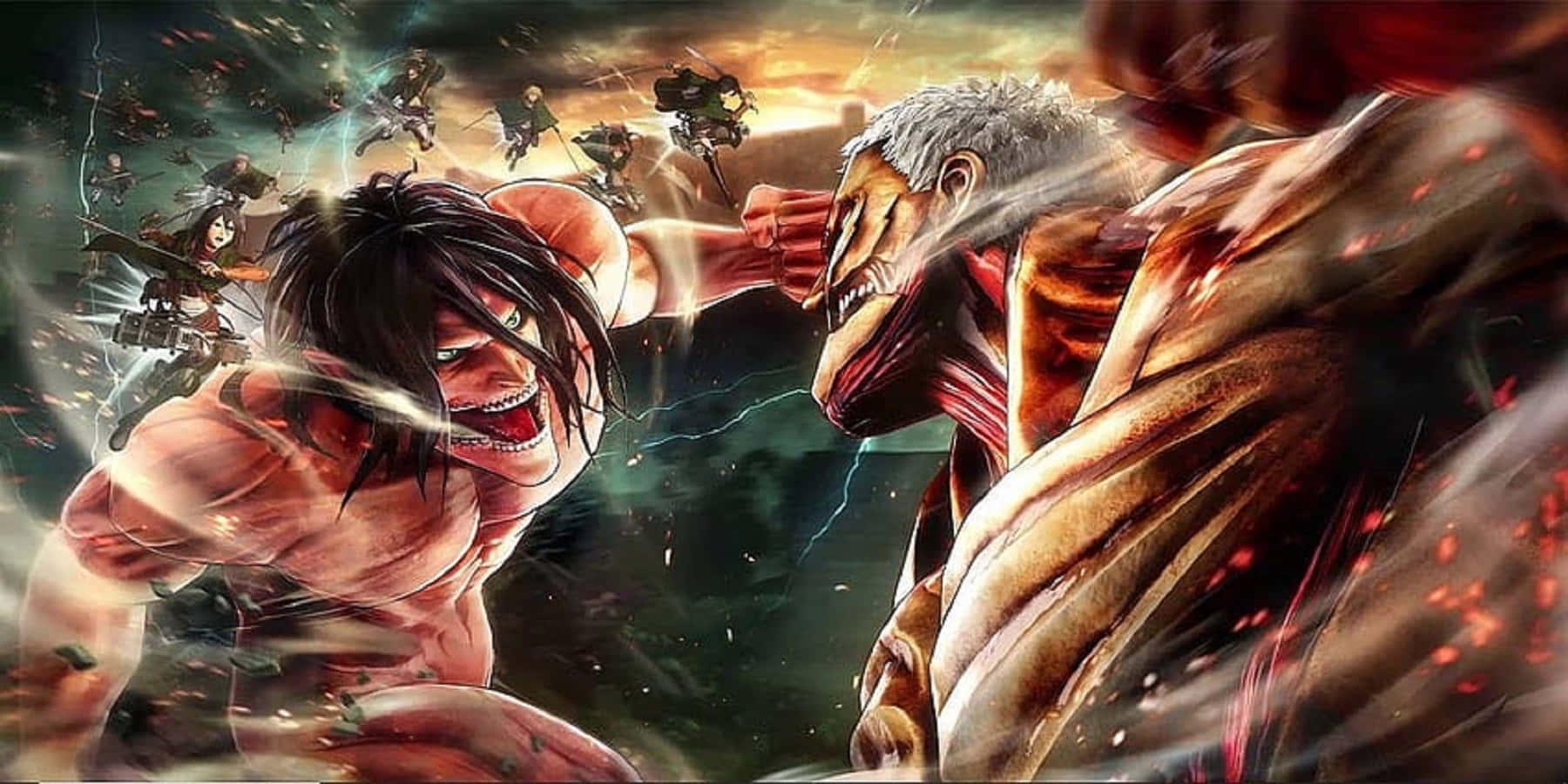 Titan Shifters 桌布 壁紙 — 兩個巨大的巨人喺一場激烈嘅戰鬥中碰撞，士兵喺佢哋上面戰鬥，背景係暴風雨嘅日落天空。
