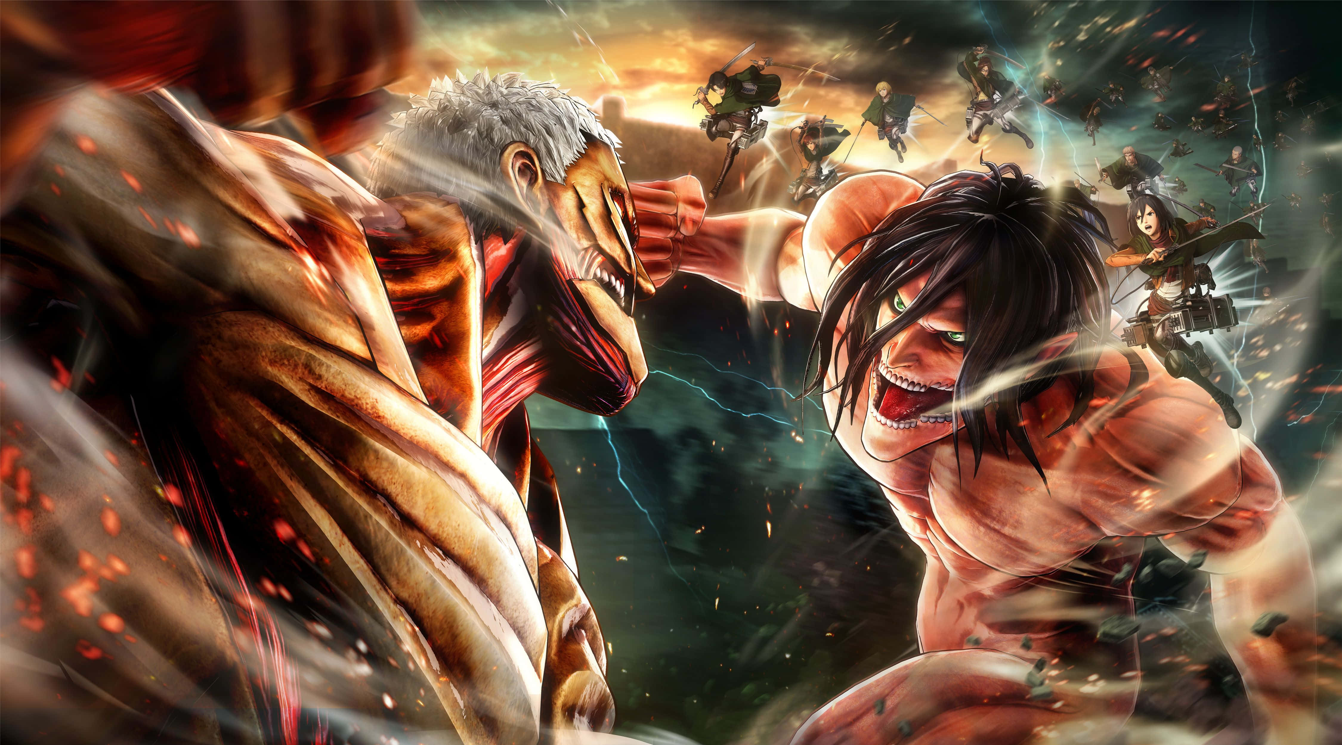Great Titan War 桌布 壁紙 — 兩個巨大的巨人喺一場激烈嘅戰鬥中碰撞，裝備齊全嘅士兵喺暴風雨嘅日落天空背景下從上方攻擊。