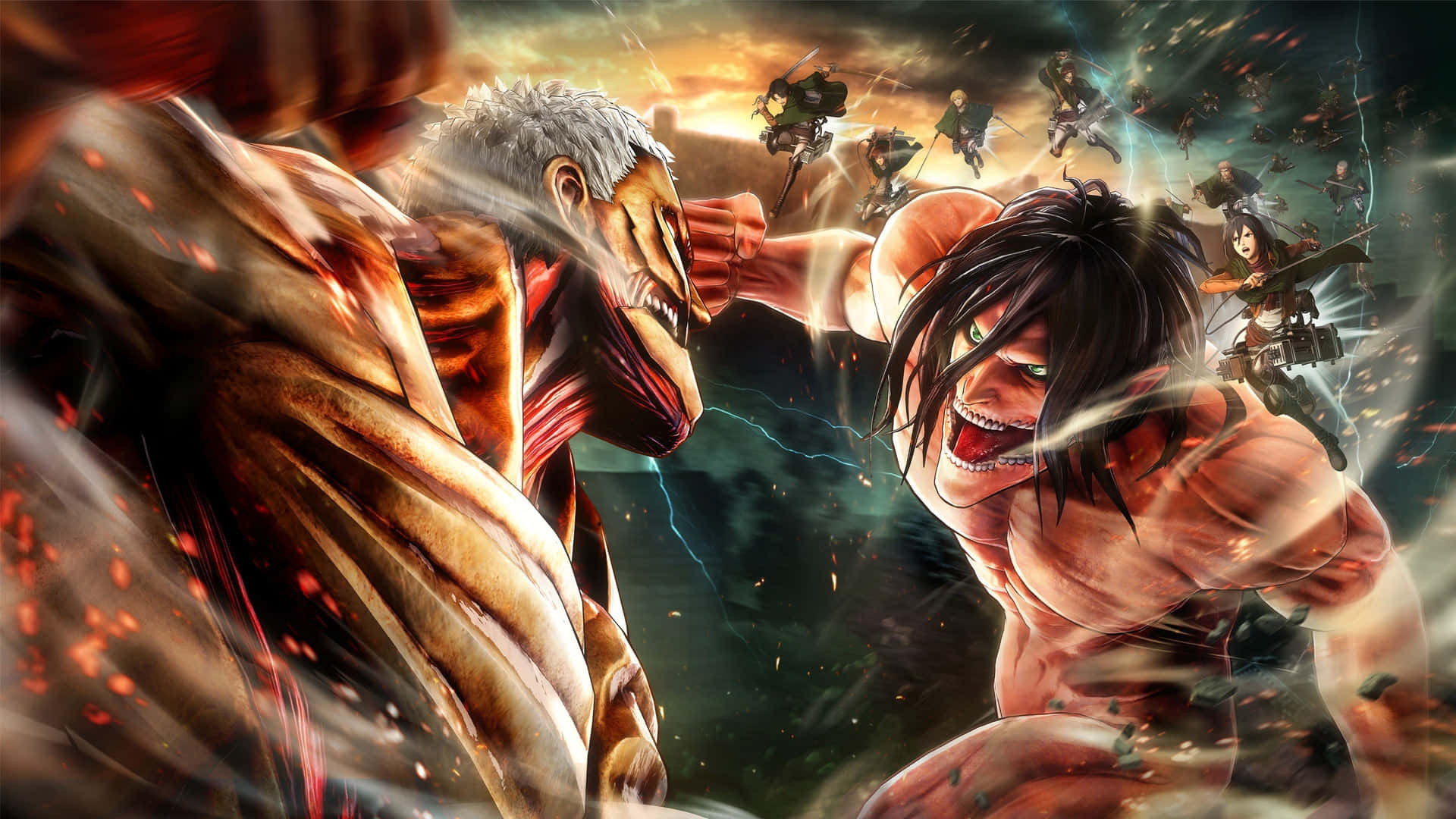 Armored Titan 桌布 壁紙 — 兩個巨大的巨人喺一場熾熱嘅戰鬥中碰撞，而裝備齊全嘅士兵喺暴風雨嘅日落天空下從上方攻擊。