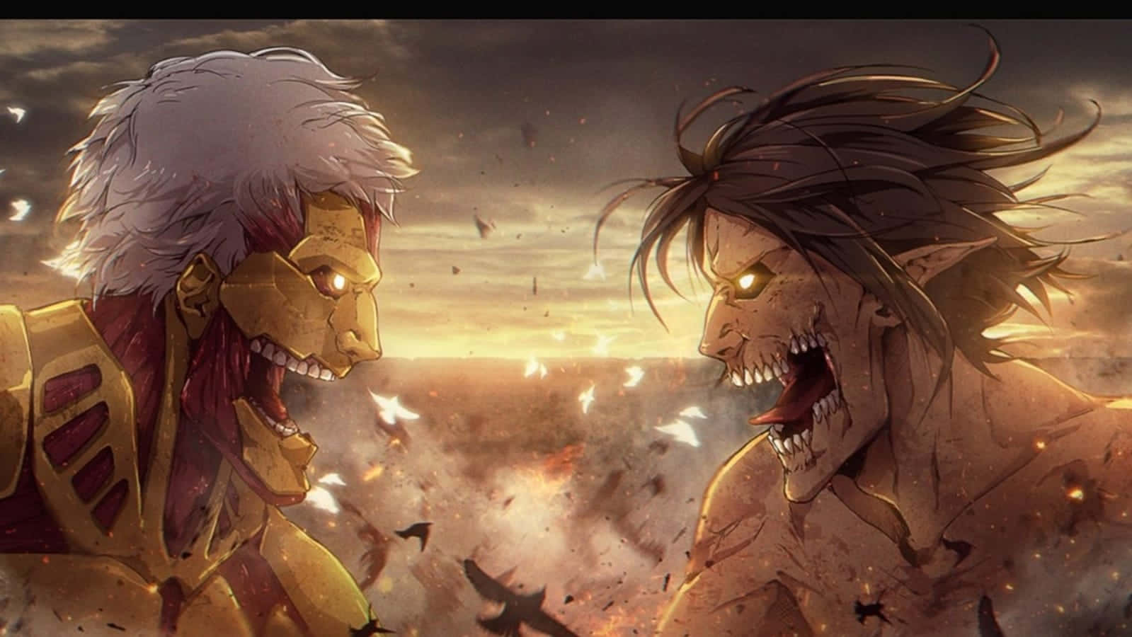 Great Titan War 桌布 壁紙 — 兩個巨大的巨人喺充滿碎片同雀鳥嘅熾熱日落天空下激烈對峙咆哮。