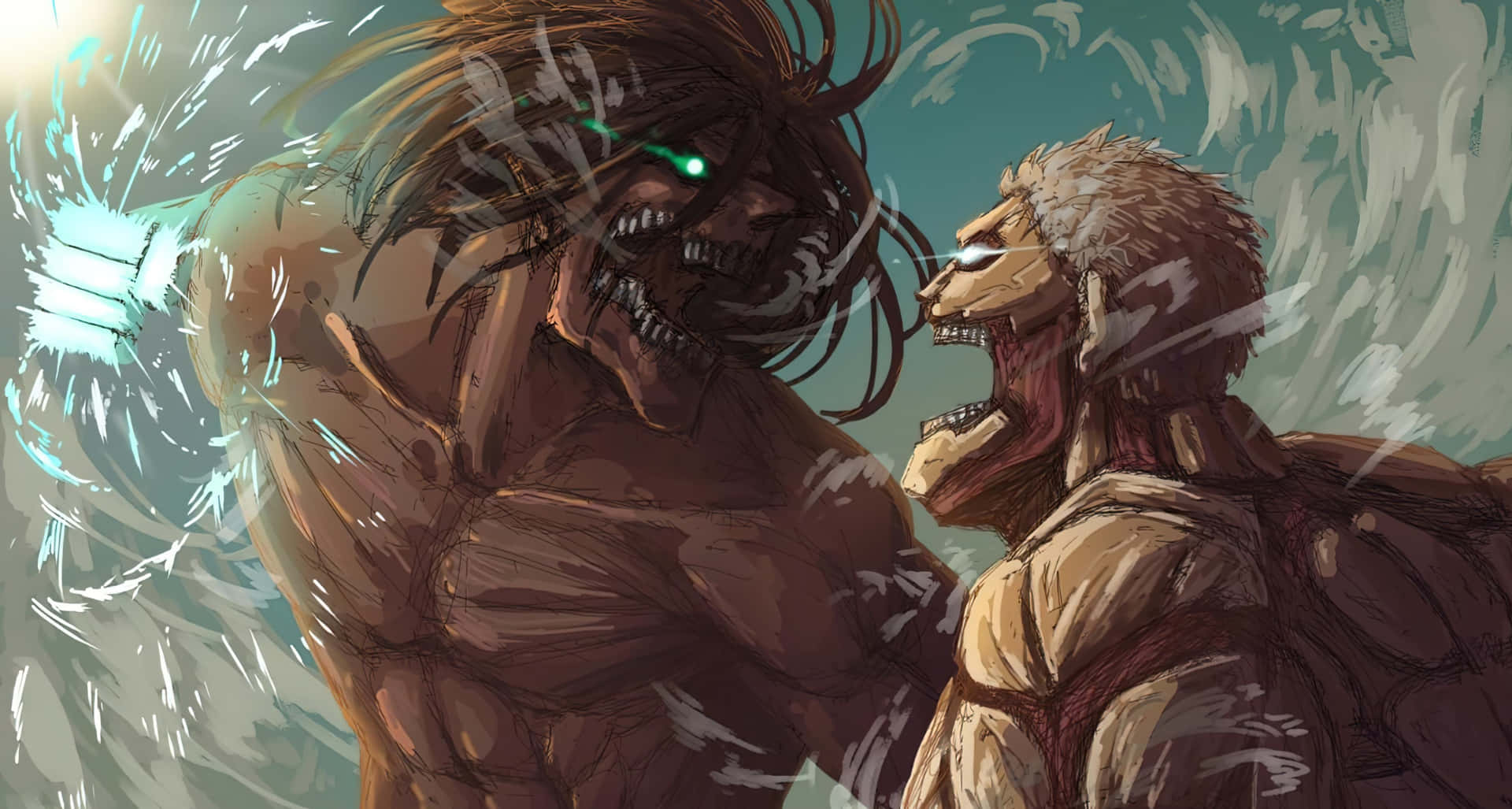Armored Titan 桌布 壁紙 — 兩個巨大的巨人喺暴風雨嘅青色背景下，用發光嘅眼睛同肌肉發達嘅身體進行動態嘅動漫戰鬥。