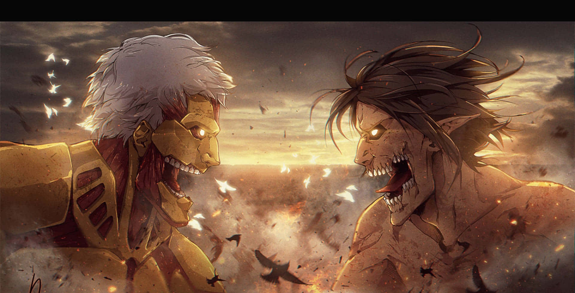 Attack On Titan Season 3 桌布 壁紙 — 兩個巨大的巨人喺熾熱嘅夕陽天空下激烈對峙咆哮，雀鳥喺佢哋之間飛翔。