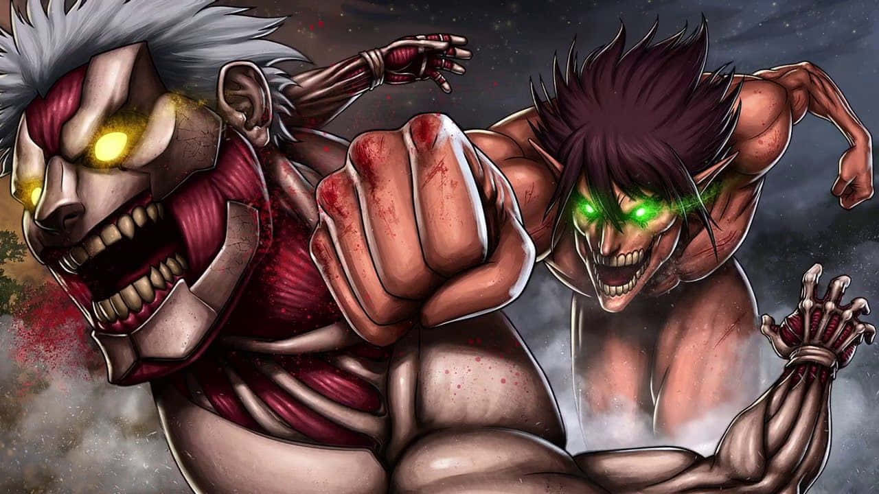 Reiner Braun 桌布 壁紙 — 兩個巨大的泰坦在暴風雨的天空下，以發光的眼睛和血淋淋的拳頭進行殘酷的動畫戰鬥。