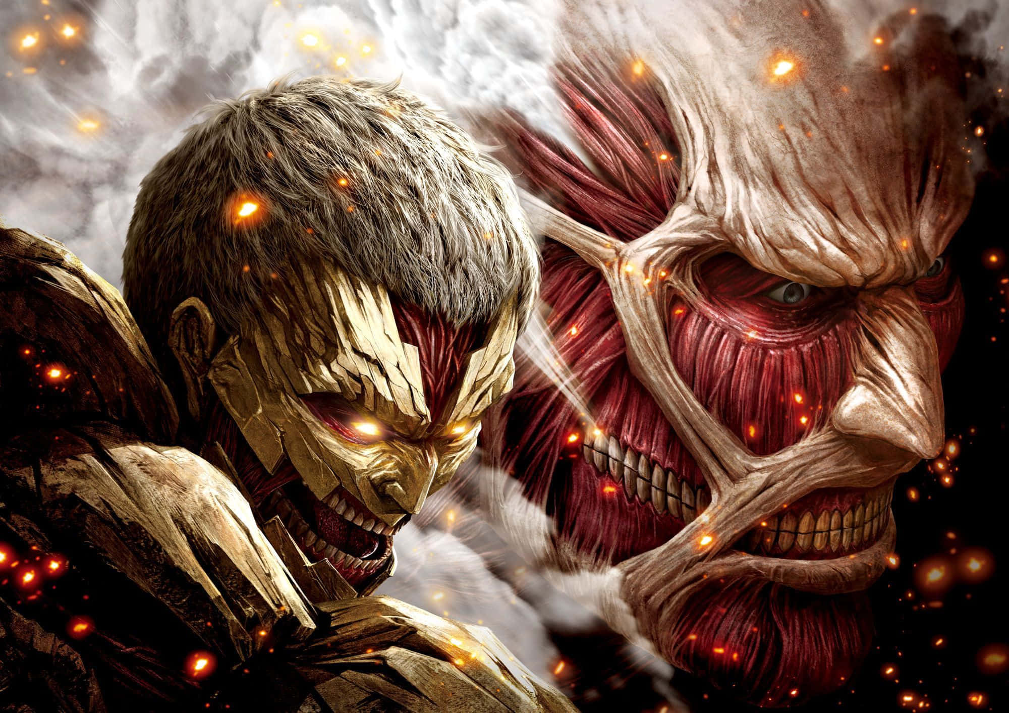 Armored Titan 桌布 壁紙 — 兩個巨大的泰坦在激烈的戰鬥中碰撞，發光的餘燼在旋轉的煙霧中飛舞，表情激烈。