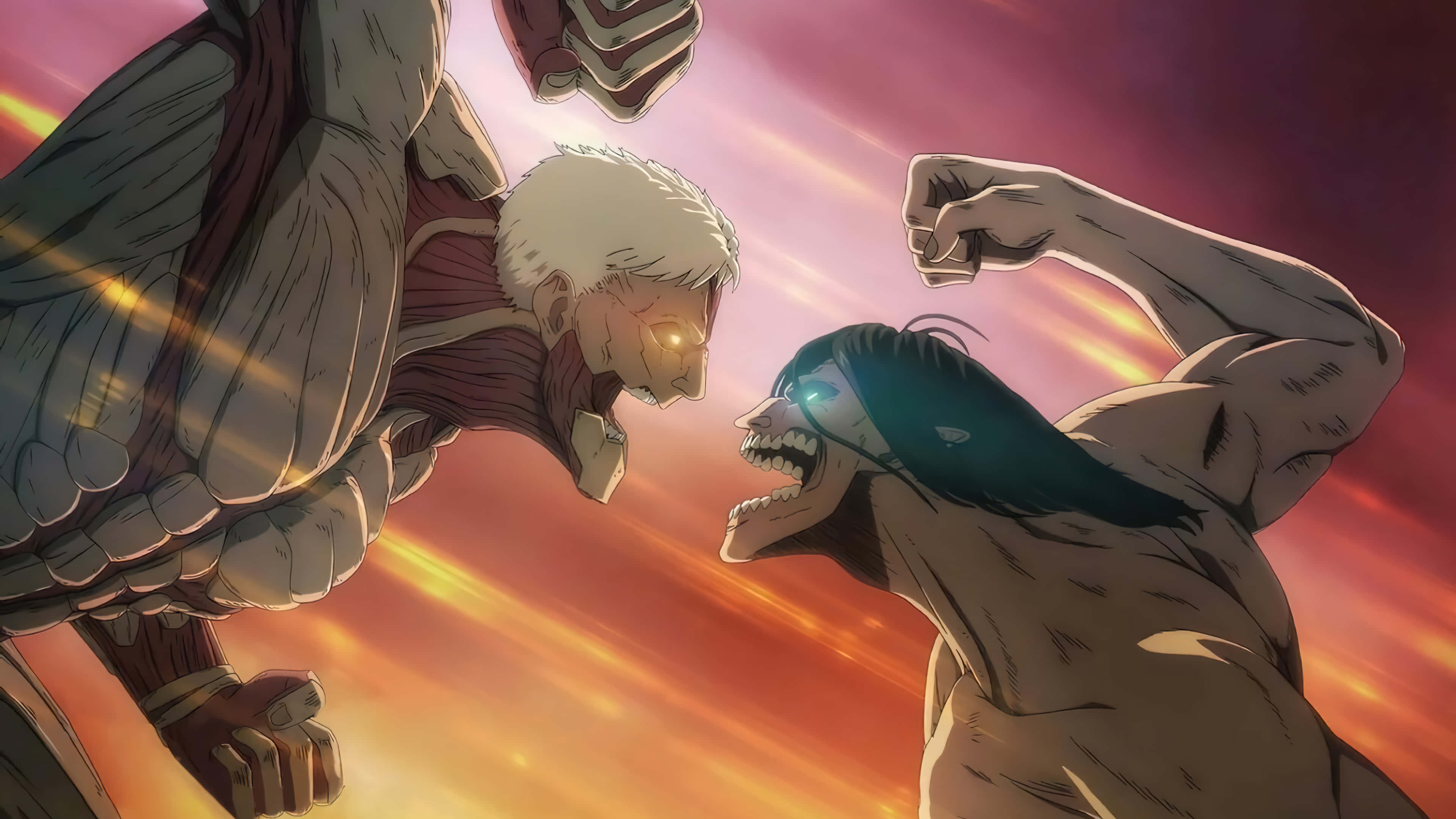 Armored Titan 桌布 壁紙 — 兩個巨大的泰坦在熾熱的日落天空中碰撞，眼睛發光，拳頭緊握。