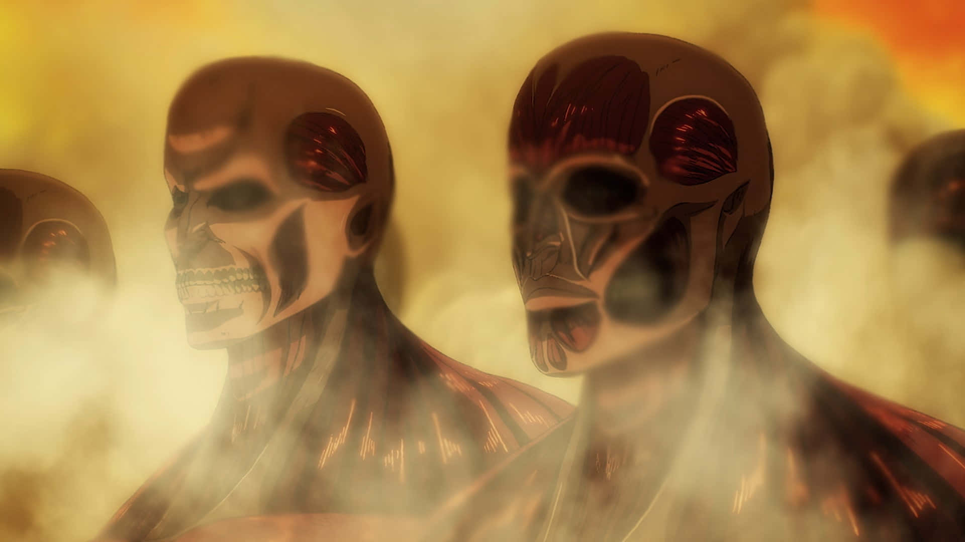Attack On Titan The Final Season 桌布 壁紙 — 兩個巨大的類人泰坦，肌肉暴露，眼睛發出紅光，從旋轉的煙霧中出現，背景是火橙色的天空。