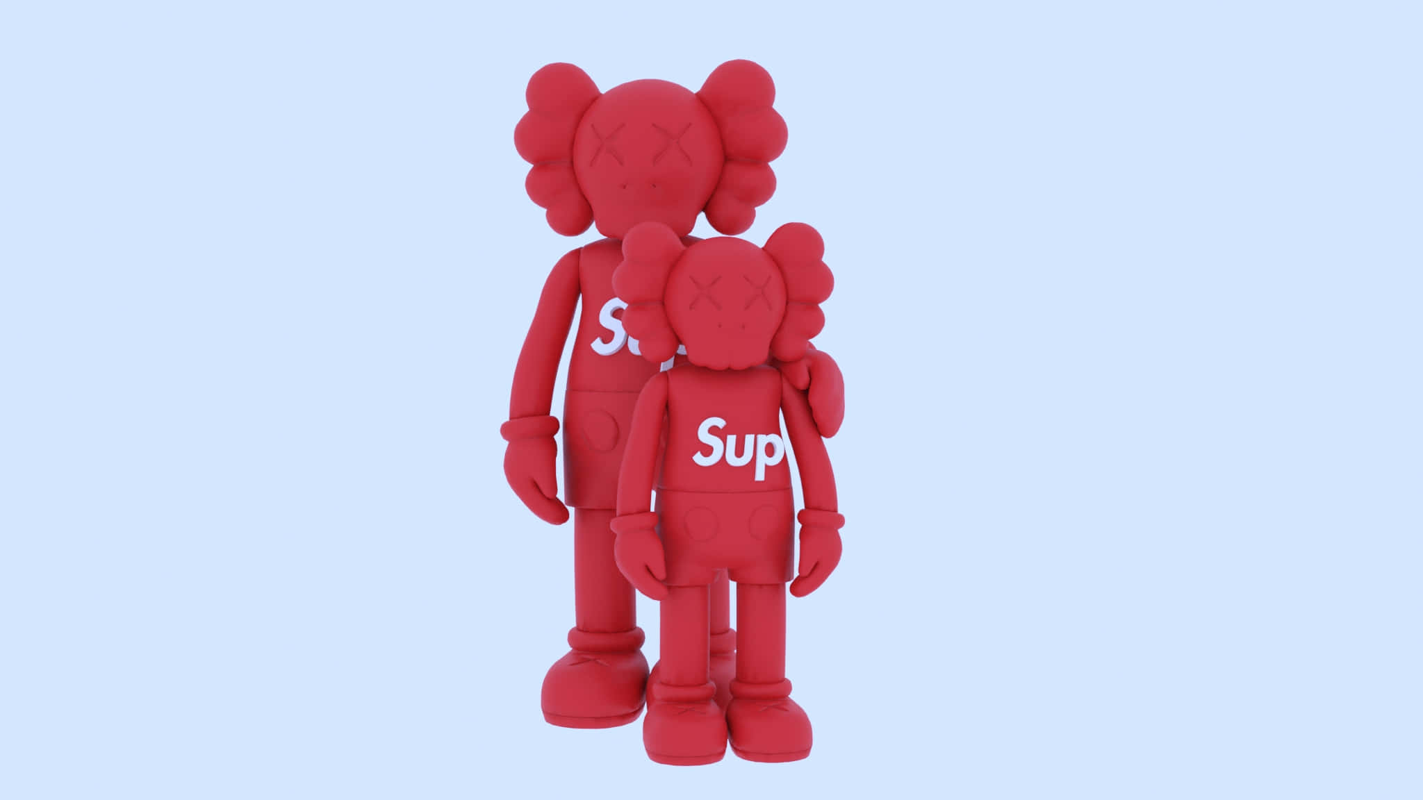 Kaws X Supreme 桌布 壁紙 — 兩個帶有 'Sup' 標誌的紅色 KAWS 公仔背對背站立，背景為柔和藍色。
