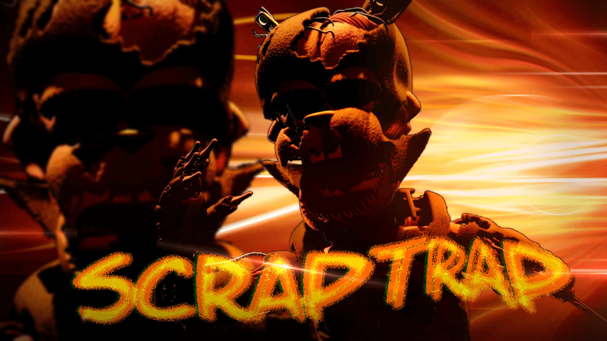 Scraptrap 桌布 壁紙 — 兩個帶有發光眼睛和尖銳牙齒的威脅性電子動畫人物站在火橙色背景前，並有粗體黃色文字寫著「SCRAPTRAP」。