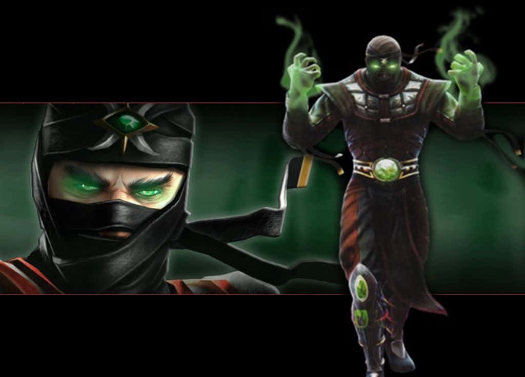 Mortal Kombat Ermac 桌布 壁紙 — 兩個帶有發光綠色眼睛和深色服裝的威脅性忍者人物站在陰影綠色背景前。
