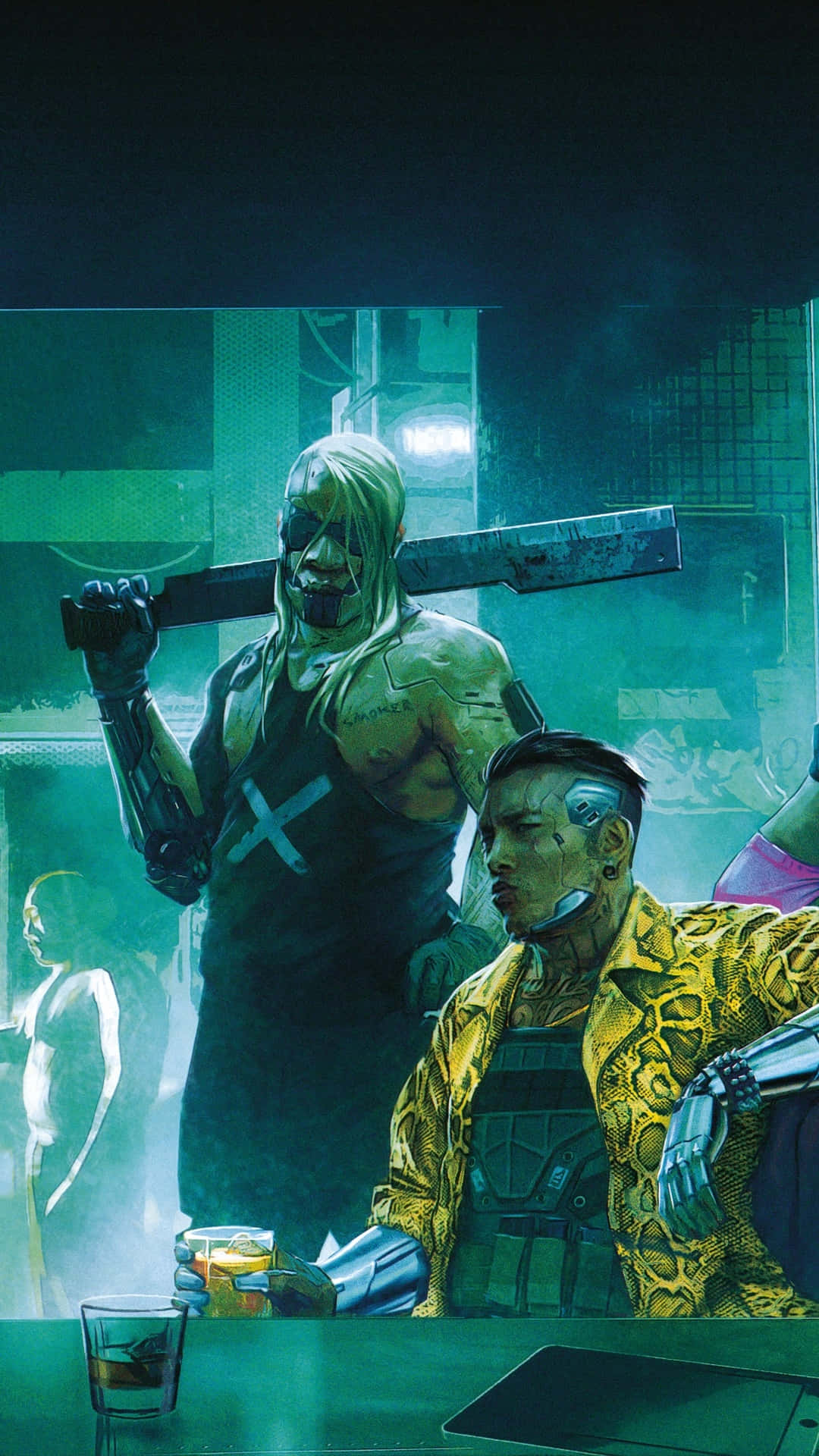 Cyberpunk 2077 Characters 桌布 壁紙 — 兩個帶有賽博增強功能的賽博朋克人物坐在霓虹燈閃爍的酒吧裡，身處煙霧瀰漫的未來地下世界。