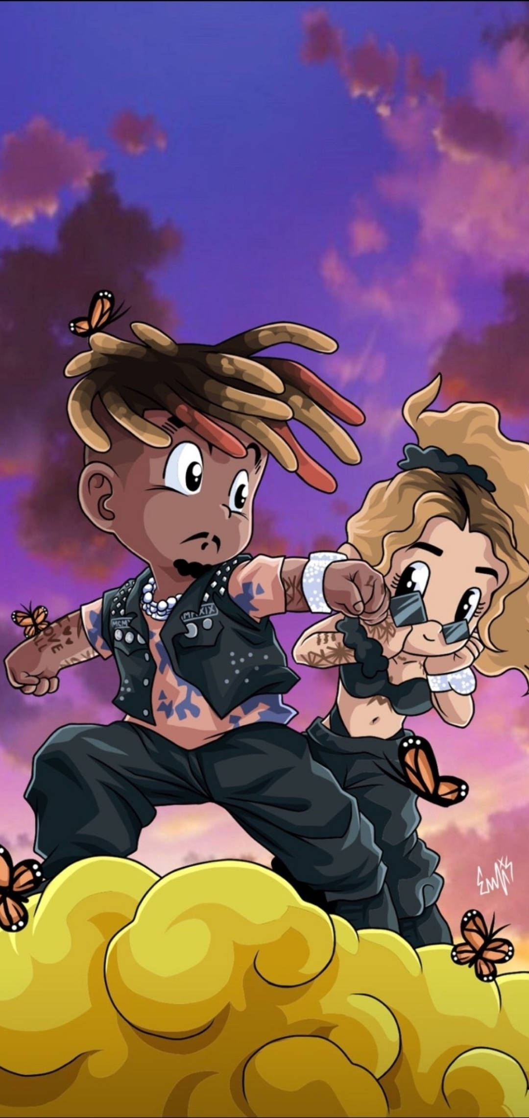 Animated Juice Wrld 桌布 壁紙 — 兩個帶有辮子頭和紋身的Q版角色站在黃色雲朵上，蝴蝶在紫色天空下飛舞。