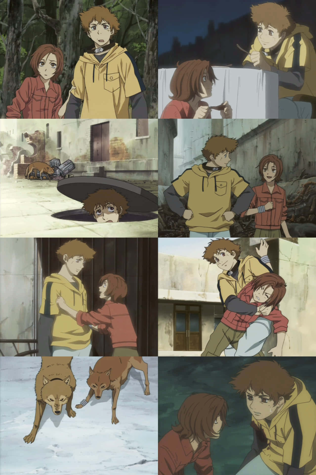 Wolf's Rain Hige 桌布 壁紙 — 兩個年輕動漫角色在雪地廢棄城市中與狼同行，展現強烈情感時刻。