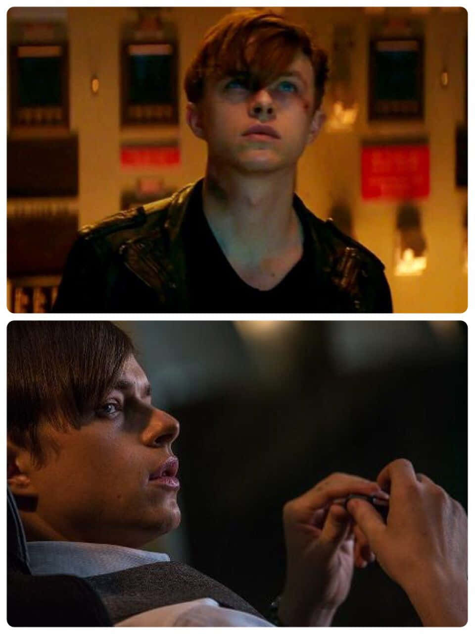 Harry Osborn 桌布 壁紙 — 兩個年輕男子在昏暗的房間裡，一個穿皮褸抬頭望，另一個穿西裝拿著一個小物件