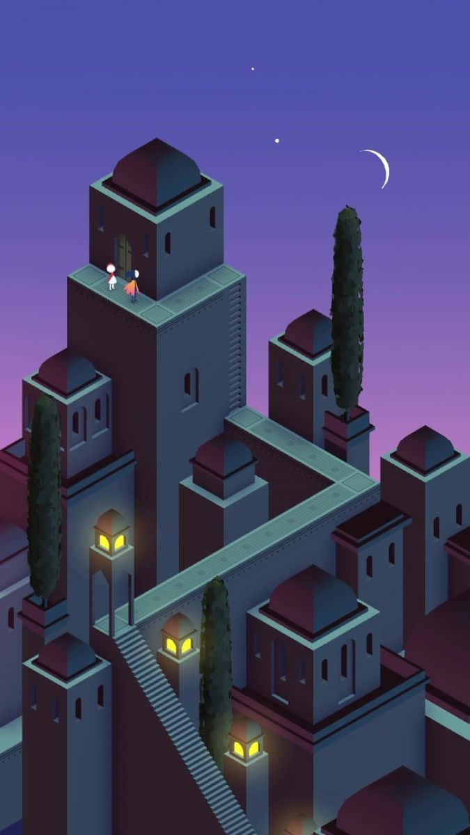 Gaming Art 桌布 壁紙 — 兩個微小的人物站在一座發光的塔頂上，背景是超現實的等距城市景觀，天空暮色蒼茫，掛著一彎新月。