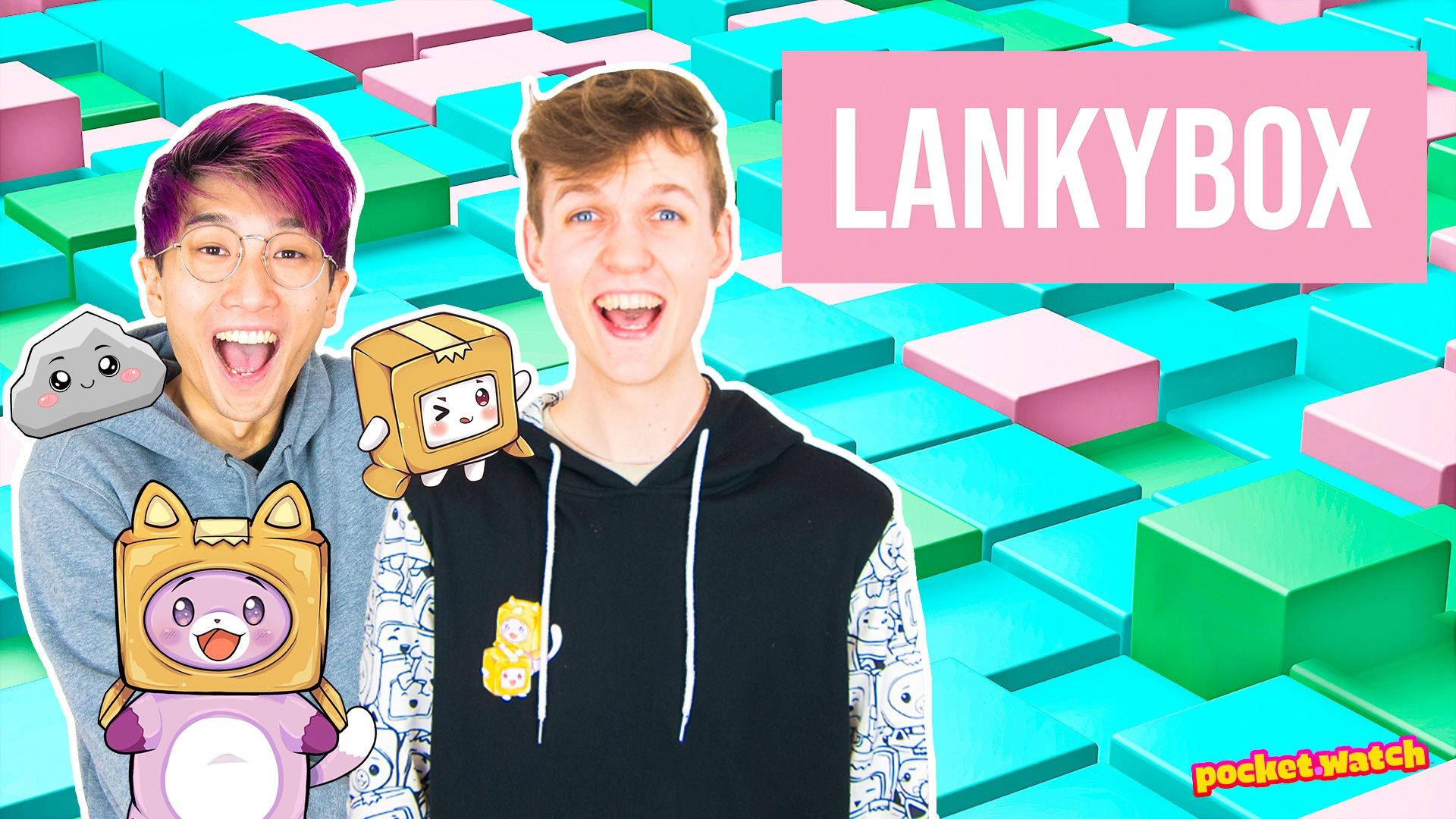 Lankybox 桌布 壁紙 — 兩個微笑嘅男人著住連帽衫，同可愛嘅卡通角色喺充滿活力嘅3D方塊背景前擺甫士。