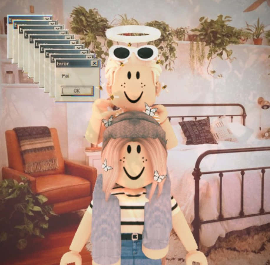 Aesthetic Roblox 桌布 壁紙 — 兩個微笑的 Roblox 頭像，帶有天使光環和蝴蝶配飾，站在一個充滿植物和錯誤彈出視窗的舒適臥室中。