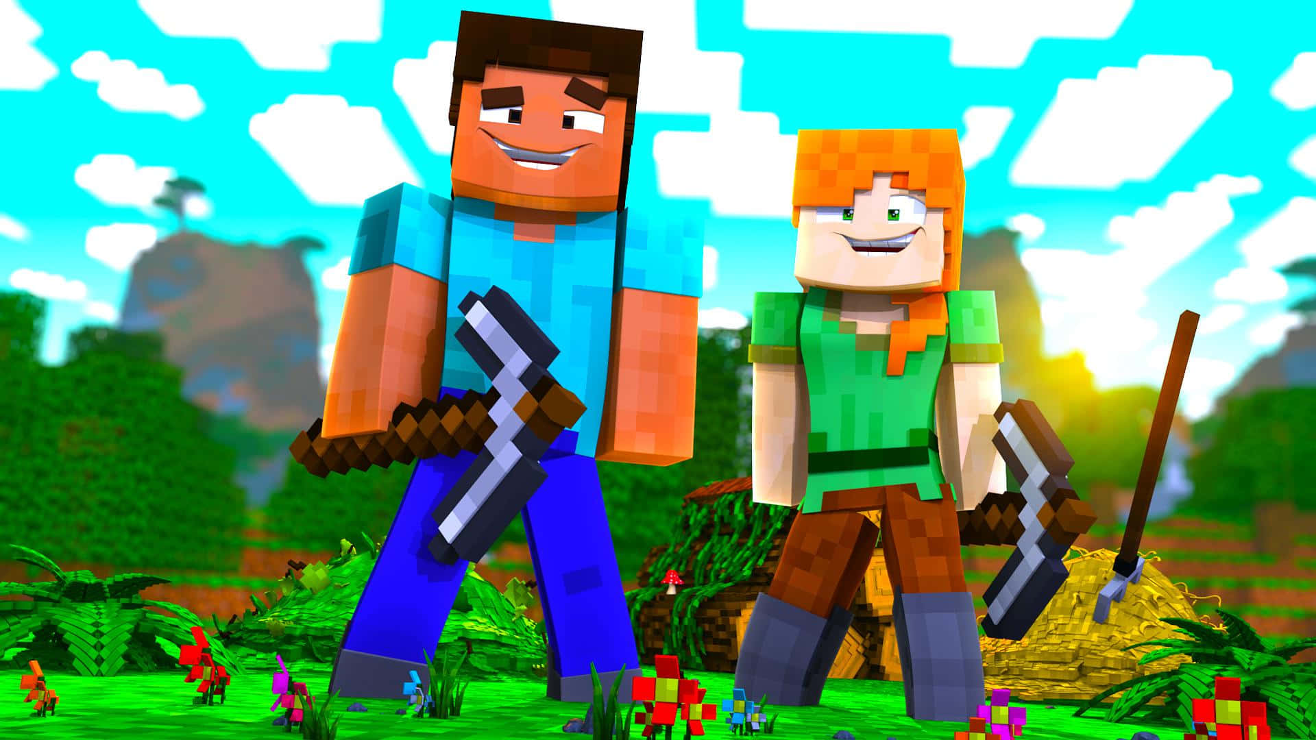 Minecraft Alex 桌布 壁紙 — 兩個微笑的Minecraft角色站在充滿活力的像素森林中，在明亮的天空下手持工具。