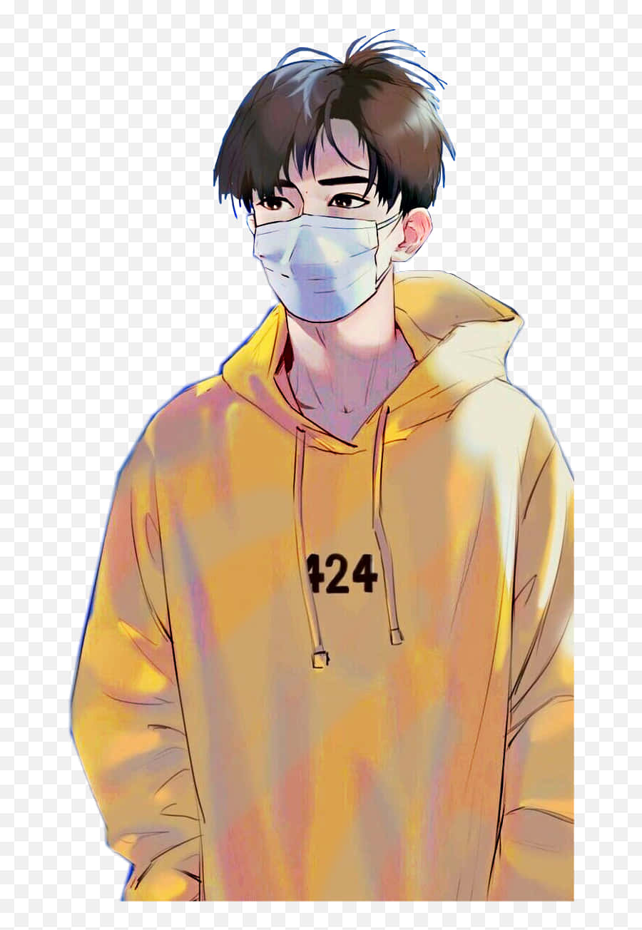 兩個微笑的可愛動漫男孩擁抱彼此 壁紙 — 一位深色頭髮的年輕動漫風格男子戴著淺藍色口罩，身穿胸前印有124號的黃色連帽衫。