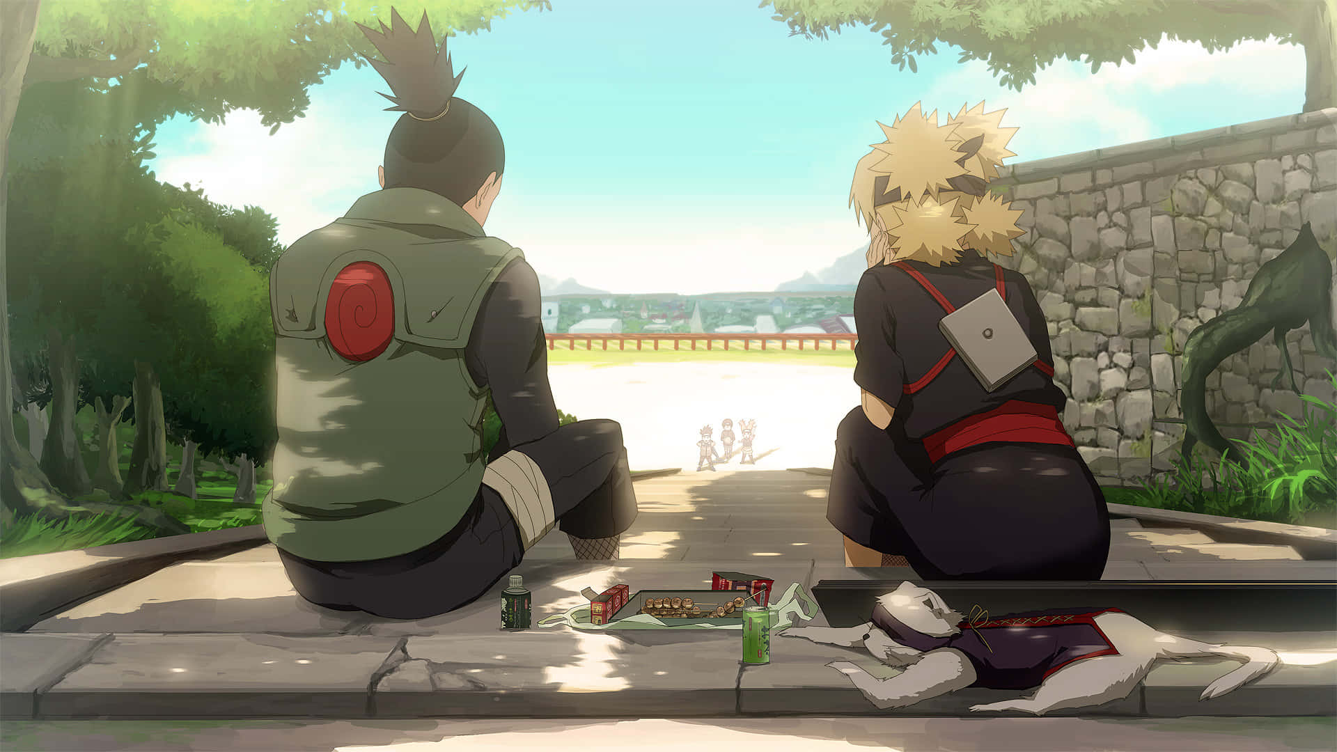 Shikamaru Nara 桌布 壁紙 — 兩個忍者角色背對背坐在石崖上，俯瞰遠處的村莊，附近有一隻白貓在休息。