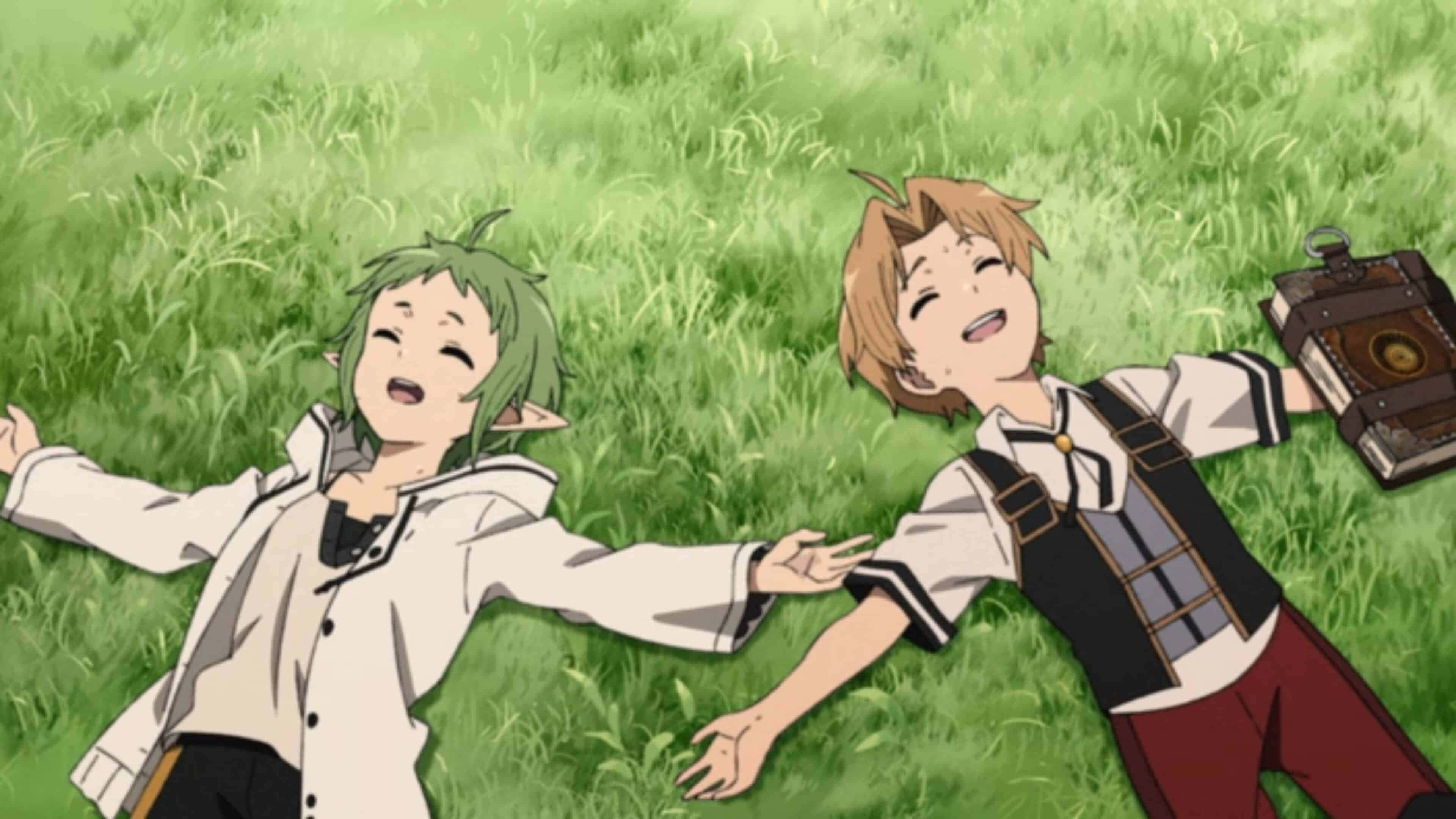 Mushoku Tensei 桌布 壁紙 — 兩個快樂的動漫角色躺在充滿活力的綠色草地上，伸出雙臂，手牽手大笑。