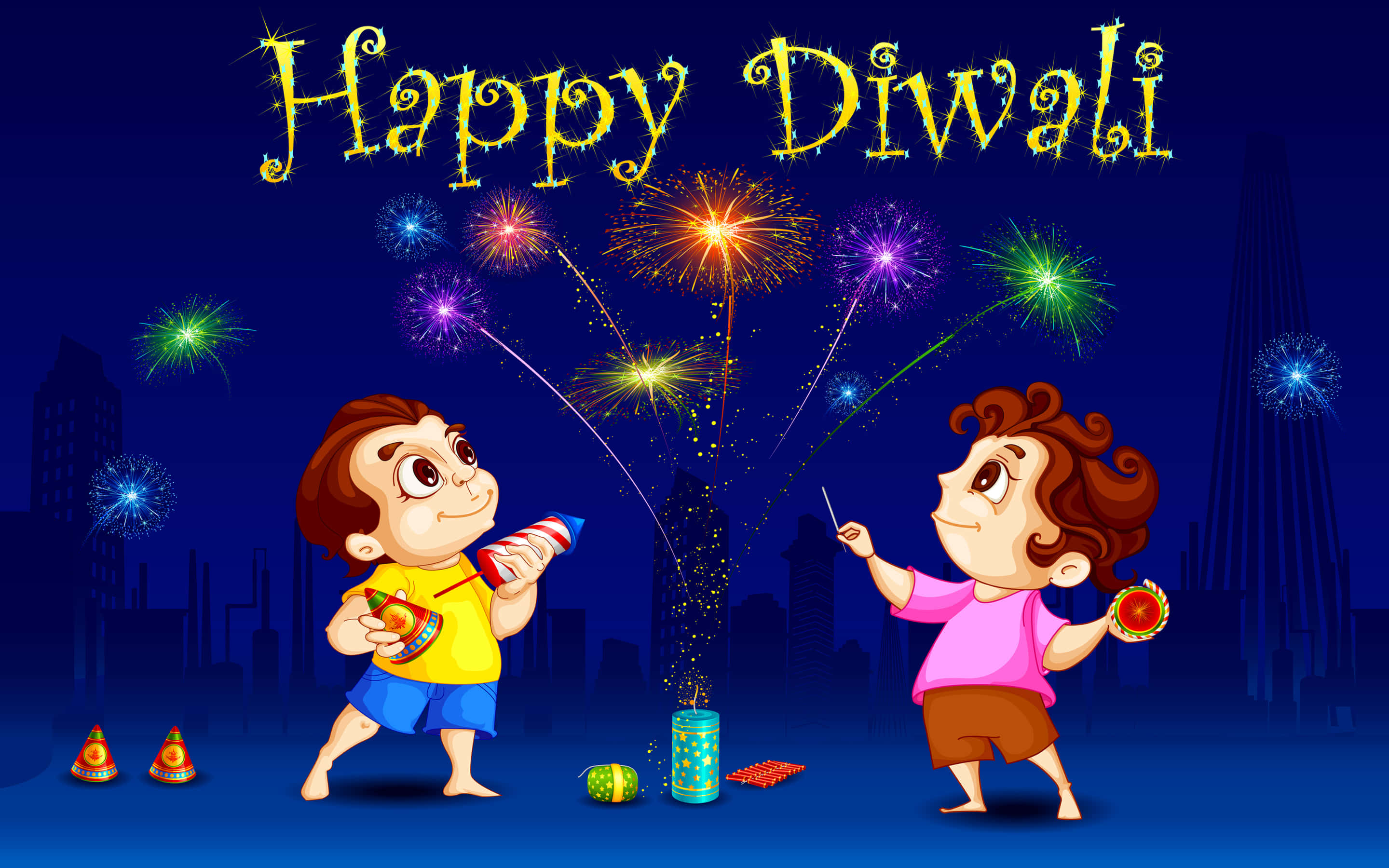 Happy Diwali 桌布 壁紙 — 兩個快樂的孩子在黑暗的城市天際線下，在「Happy Diwali」橫幅下用五彩繽紛的煙花慶祝排燈節。