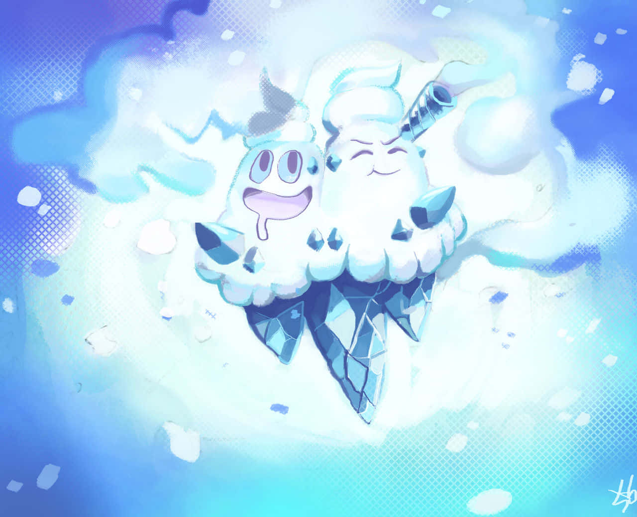 遊戲 桌布 壁紙 — 兩個快樂的雪糕筒寶可夢在旋轉的藍色雲朵和閃爍的雪花中漂浮在明亮夢幻的天空中。