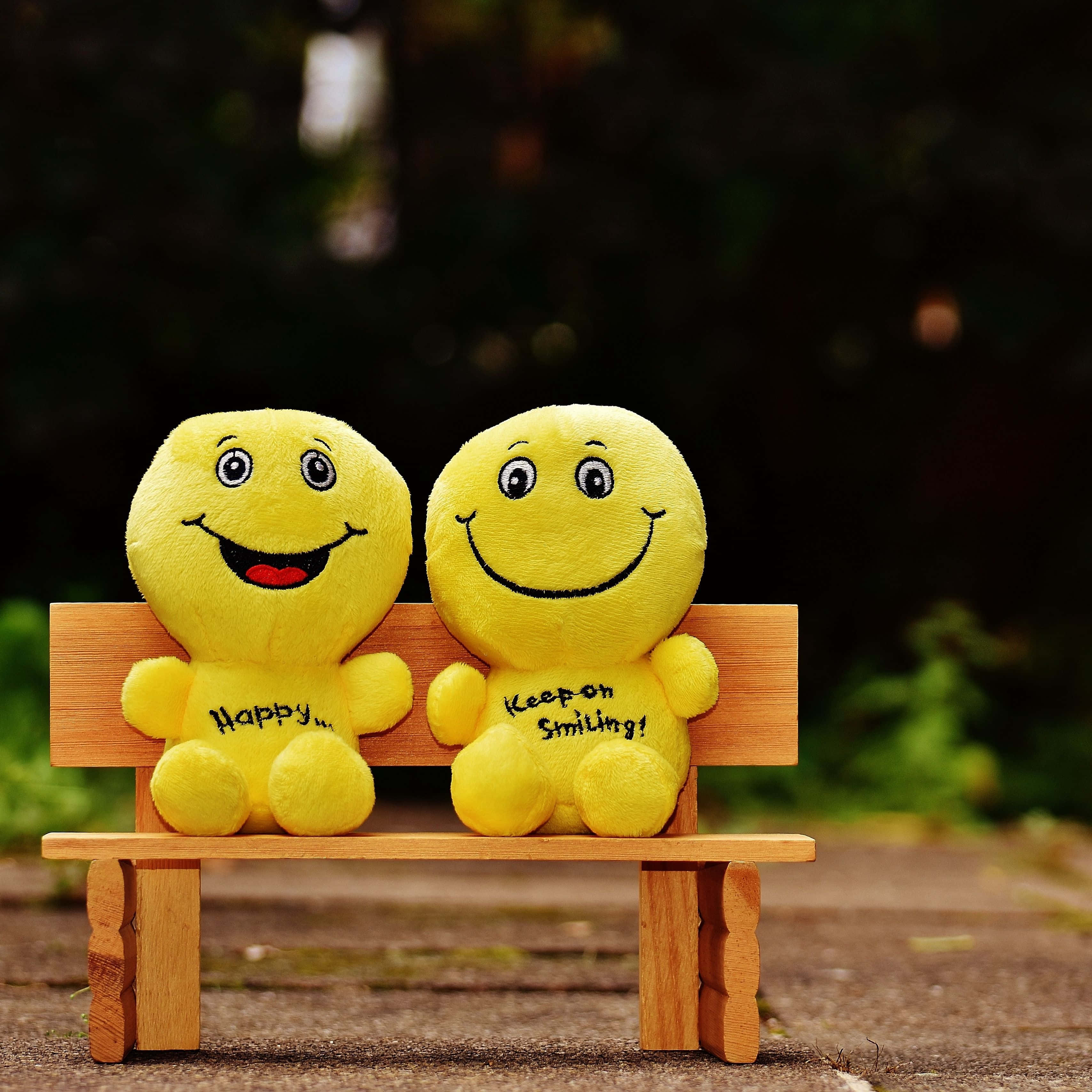 Cheerful 桌布 壁紙 — 兩個快樂的黃色笑臉毛絨玩具並排坐在木長椅上，背景是柔和模糊的戶外環境。