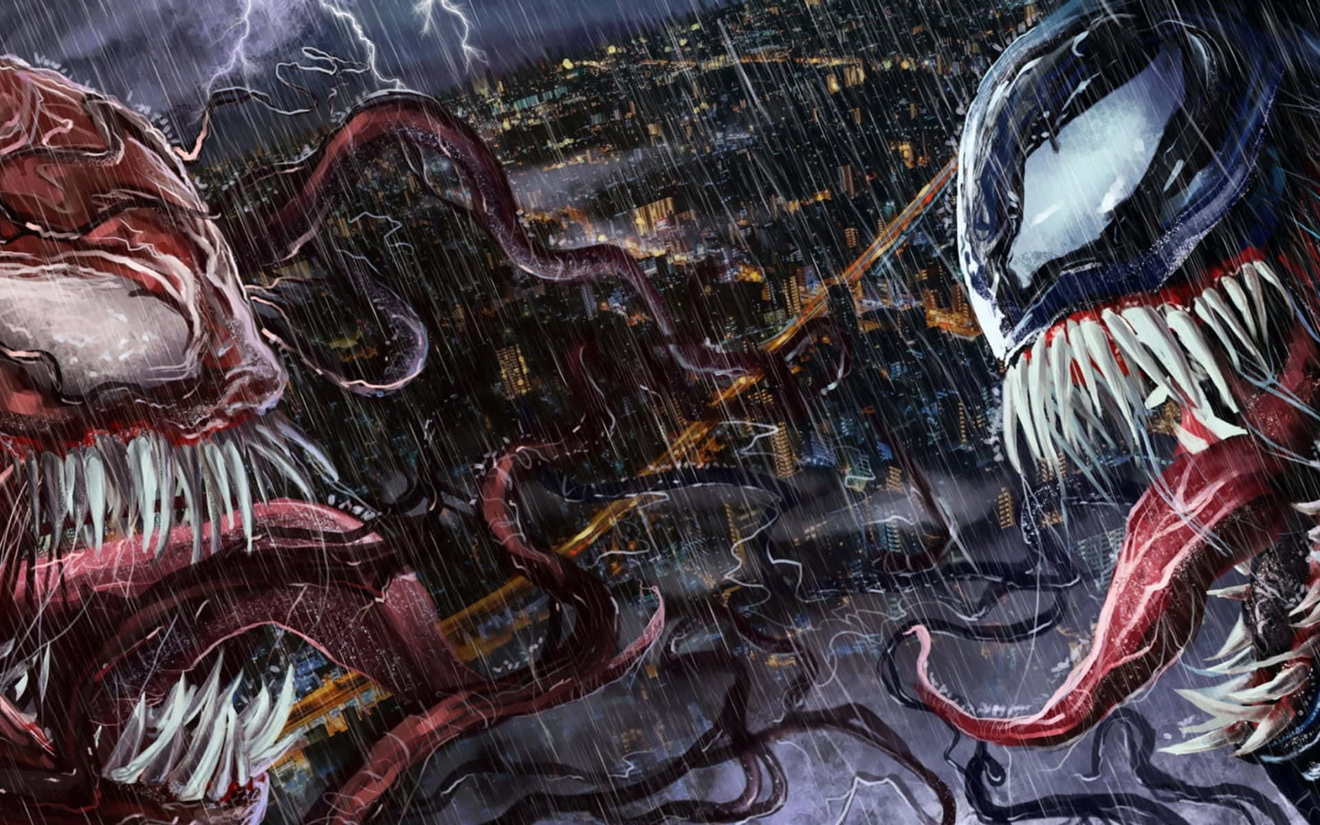 Carnage Vs Venom 桌布 壁紙 — 兩個怪物般的共生體在雷電交加的暴風雨天空下，於被雨水浸濕的城市景觀上空碰撞。