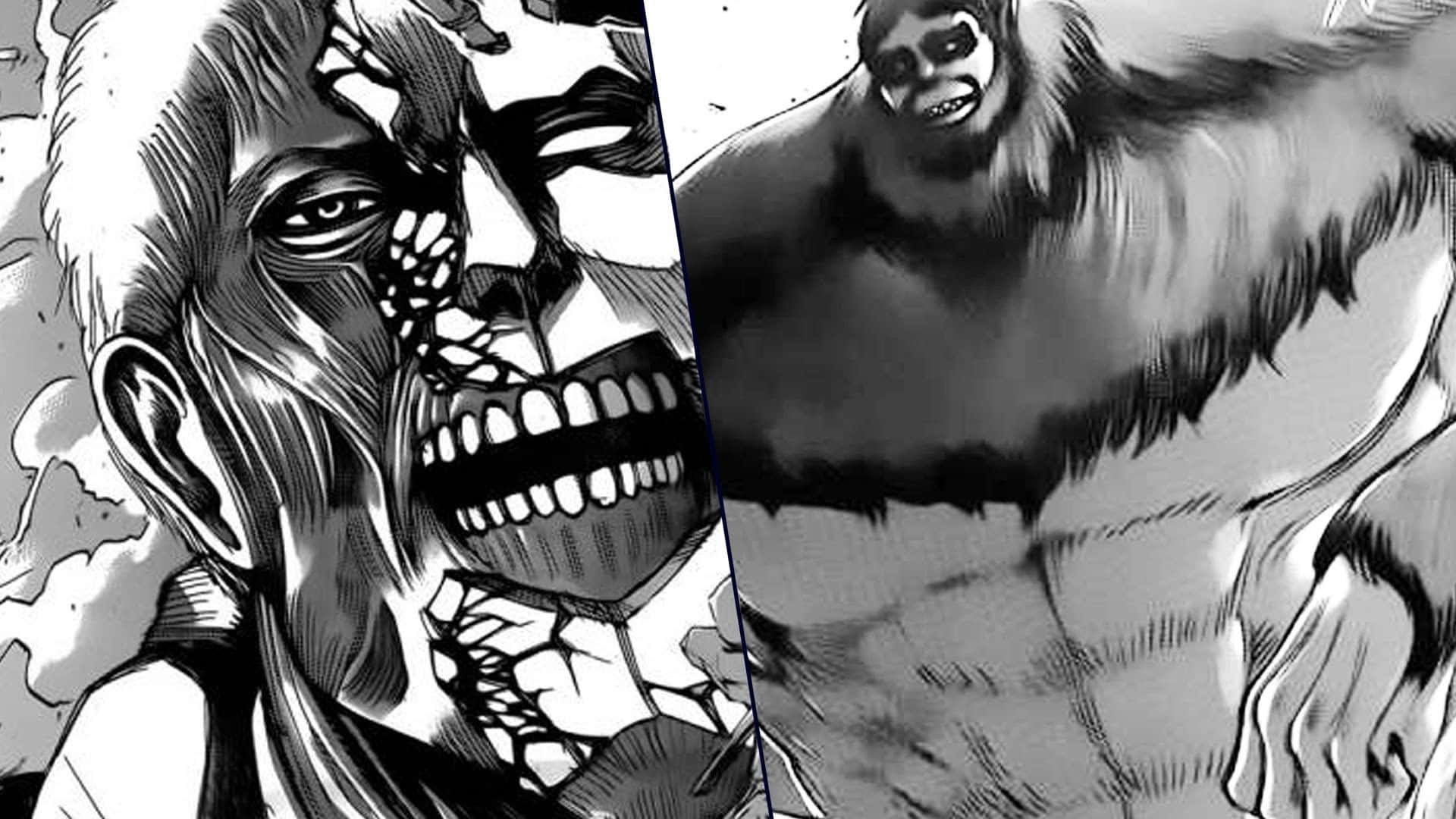 Manga Series 桌布 壁紙 — 兩個怪獸般的巨人，有著怪誕的面部特徵和肌肉發達的身體，以高對比度的漫畫風格描繪。