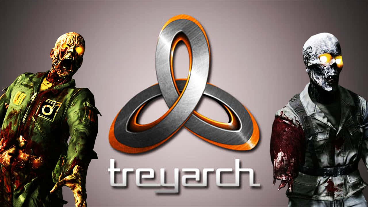 Treyarch 桌布 壁紙 — 兩個怪誕的喪屍士兵在灰色背景上夾著一個金屬 treyarch 標誌。