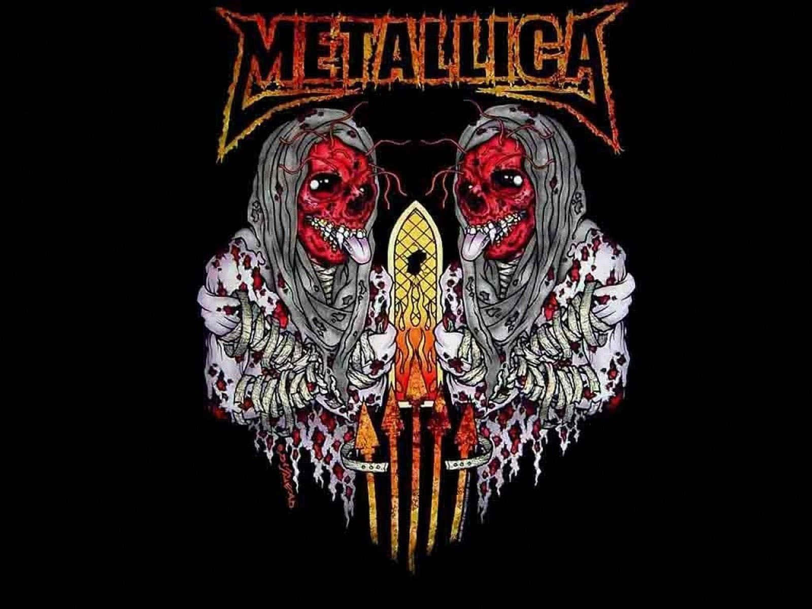 Heavy Metal 桌布 壁紙 — 兩個怪誕的殭屍般人物，紅臉灰繃帶，在黑色背景上，於樂隊名稱 Metallica 下方握著一把燃燒的劍。